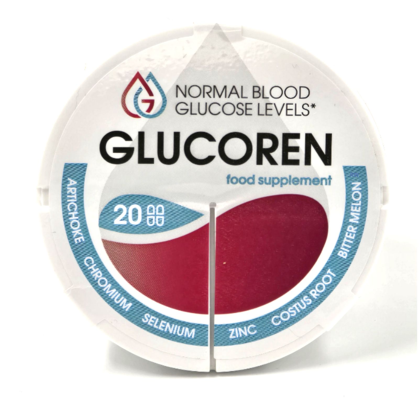 Runder Tablettenbehälter. Aufschrift: Glucoren, normale Blutzuckerwerte. Enthält 20 Tabletten. Inhaltsstoffe: Artischocke, Bittermelone.