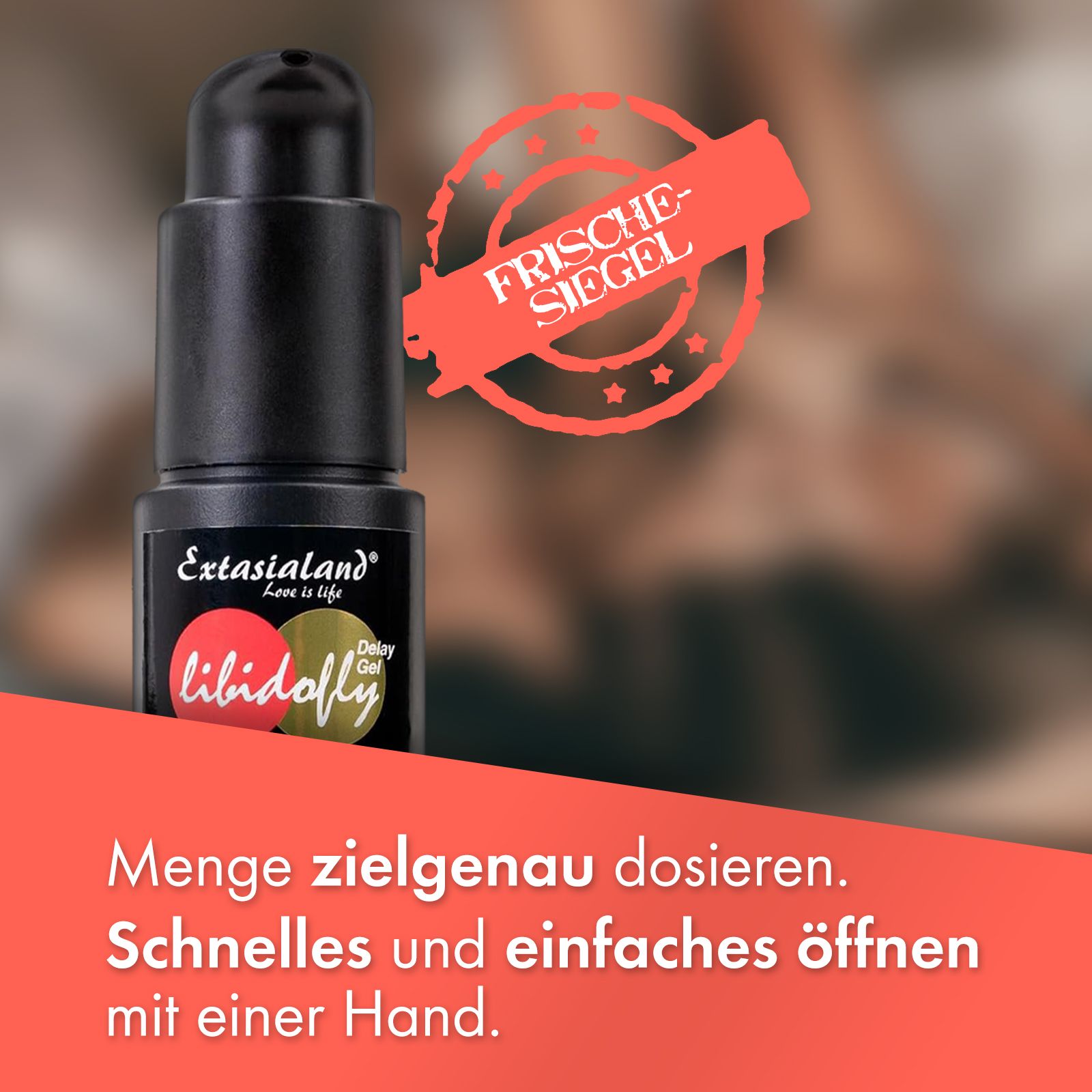 Schwarze Flasche mit Produkt. Roter Stempel: Frisches Siegel. Text: Menge zielgenau dosieren.