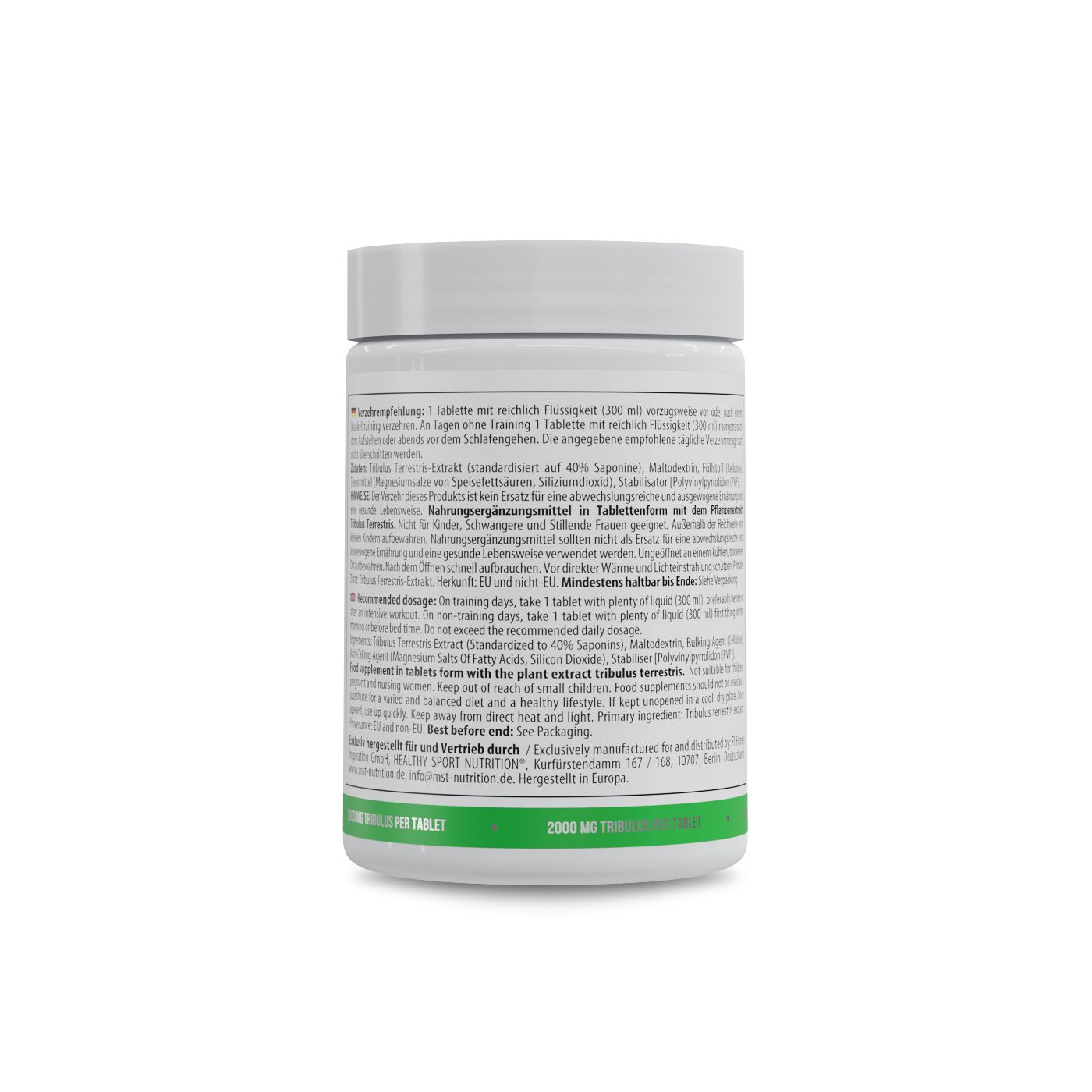 Weiße Dose mit grünem Deckel. Rückseite mit Text in mehreren Sprachen. Text: Tribulus Terrestris Extrakt, Nahrungsergänzungsmittel.