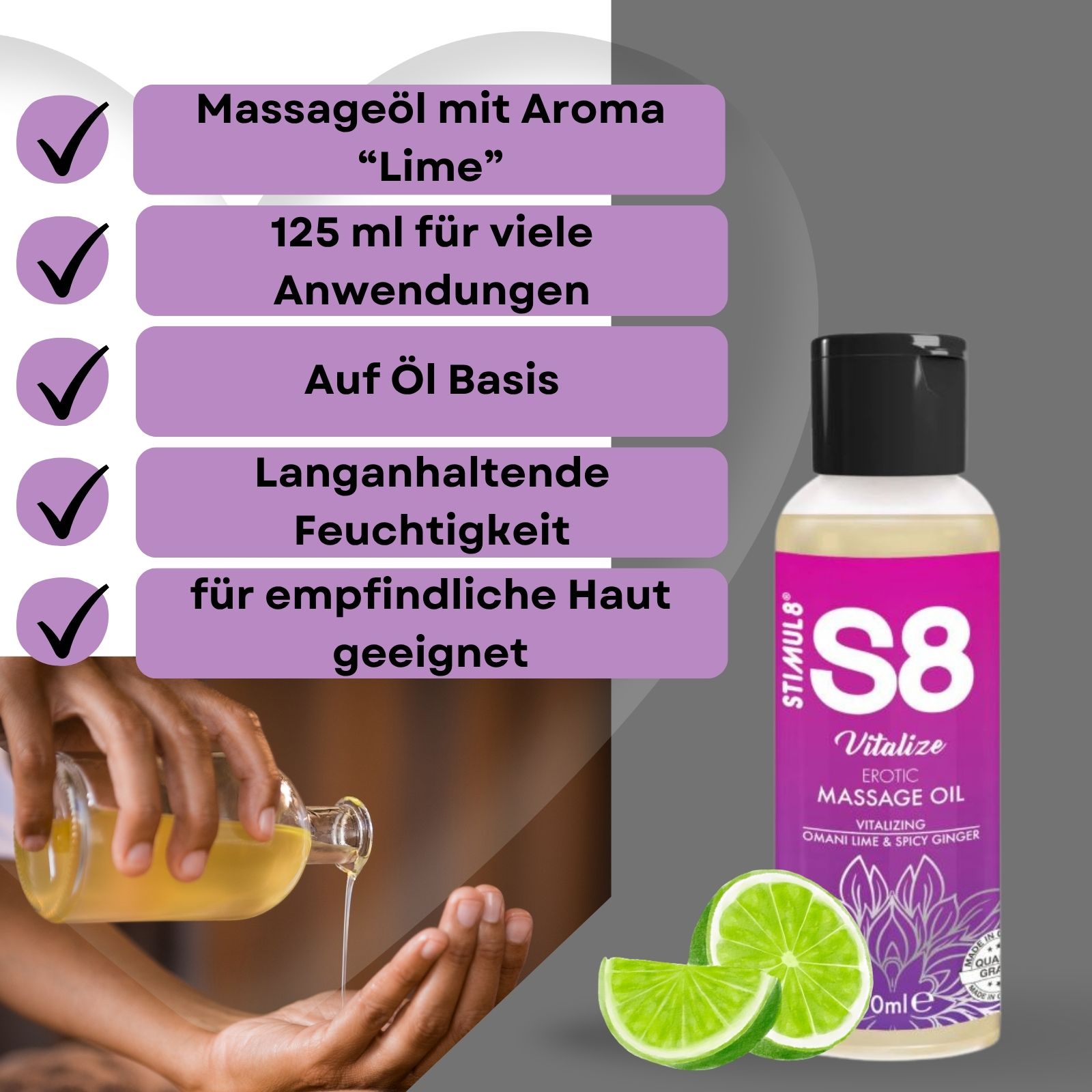 Massageöl mit Aroma. Flasche, Limettenscheiben, Öl wird in Hand gegossen. Text: Massageöl mit Aroma, 125 ml, Ölbasis.