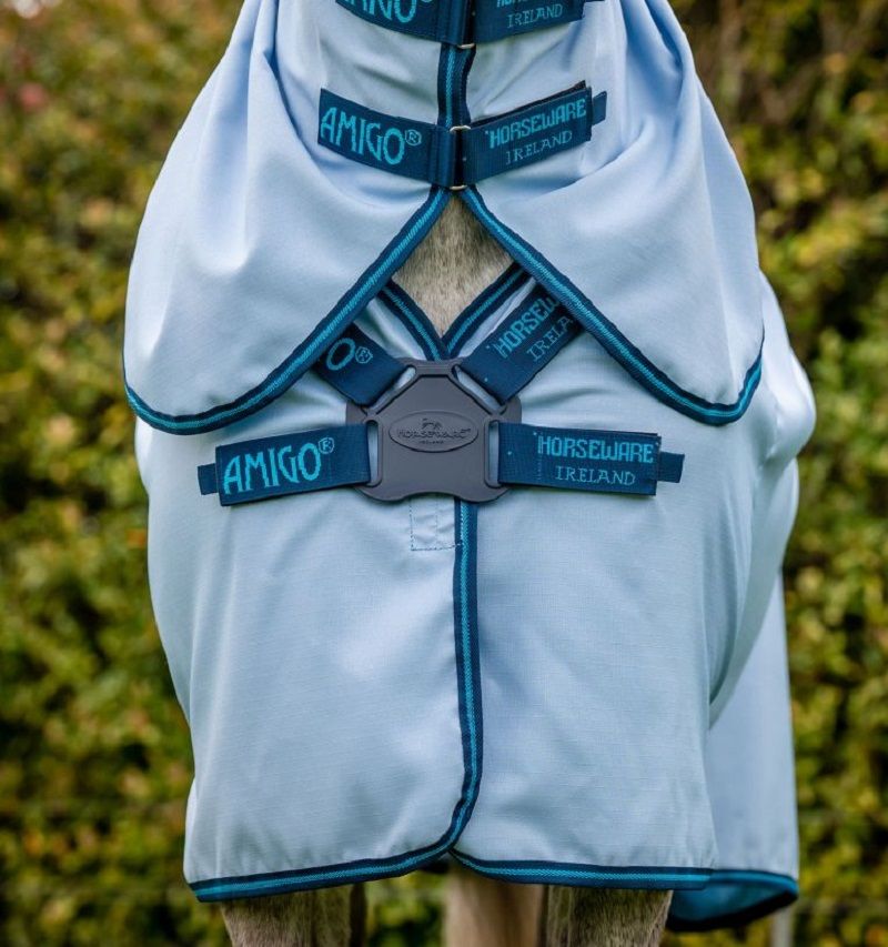 Rückansicht einer hellblauen Fliegendecke. Dunkelblaue Paspelierung und Verschlüsse. Auf den Verschlüssen steht 'AMIGO' und 'HORSEWARE IRELAND'.