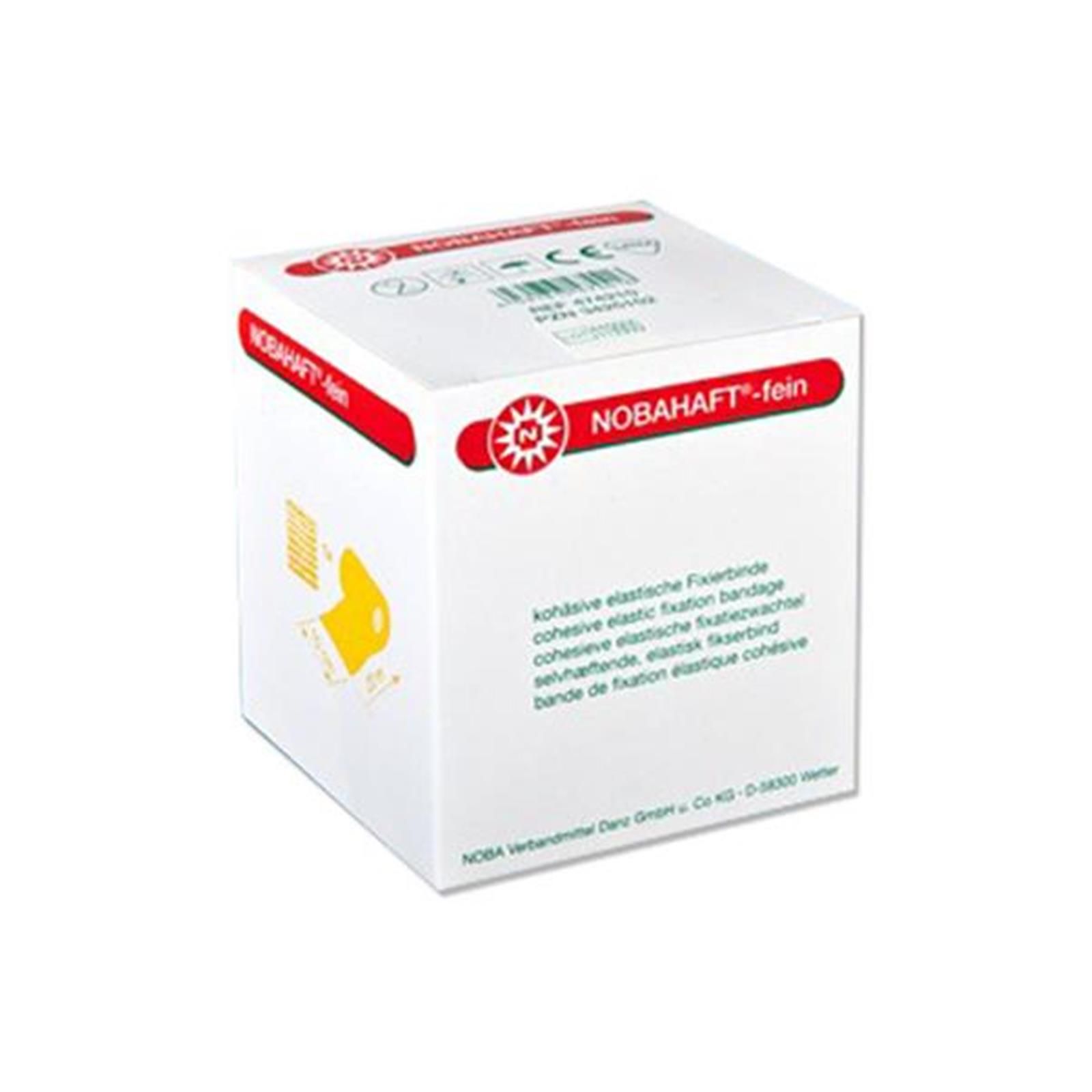 Weiße Verpackung mit roter und gelber Schrift. Aufschrift: NOBAHAFT-fein. Produktbezeichnung in mehreren Sprachen. CE-Kennzeichnung.