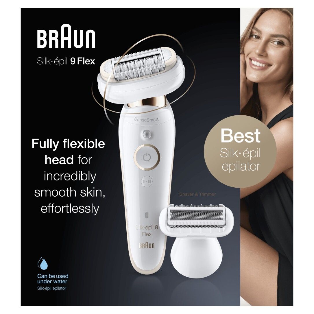 Produktabbildung mit Epilierer und Zubehör. Auf dem Bild sind das Produkt und eine Frau abgebildet. Text: Braun Silk-épil 9 Flex, Best Epilator.