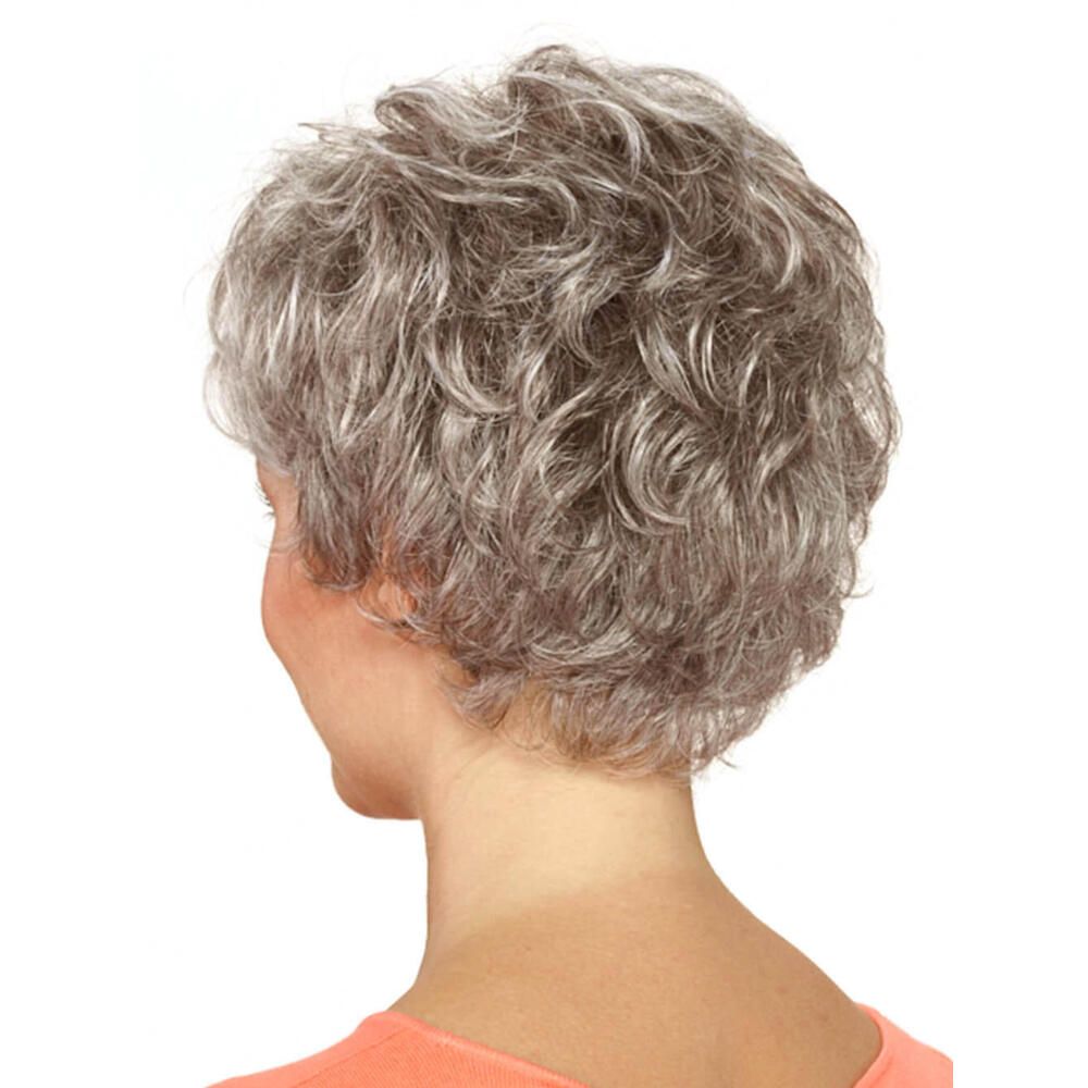 Kurzhaarperücke mit grauen Locken. Rückansicht.