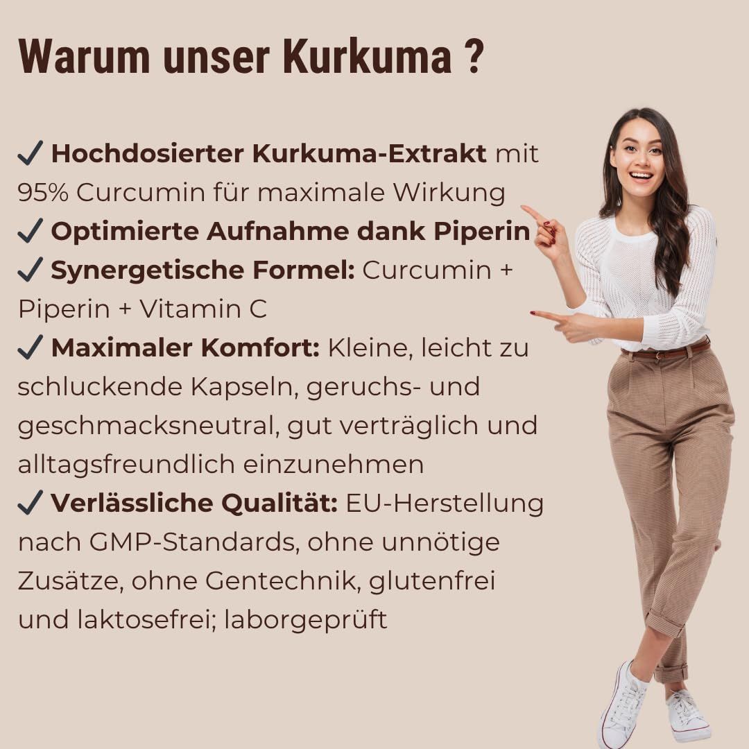 Text mit Aufzählungspunkten: Hochdosiertes Kurkuma-Extrakt, optimierte Aufnahme, synergistische Formel, maximaler Komfort, Qualität.
