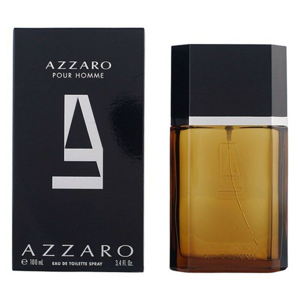 AZZARO POUR HOMME Eau de Toilette Spray. Flakon und Verpackung. Logo und Schriftzug AZZARO.