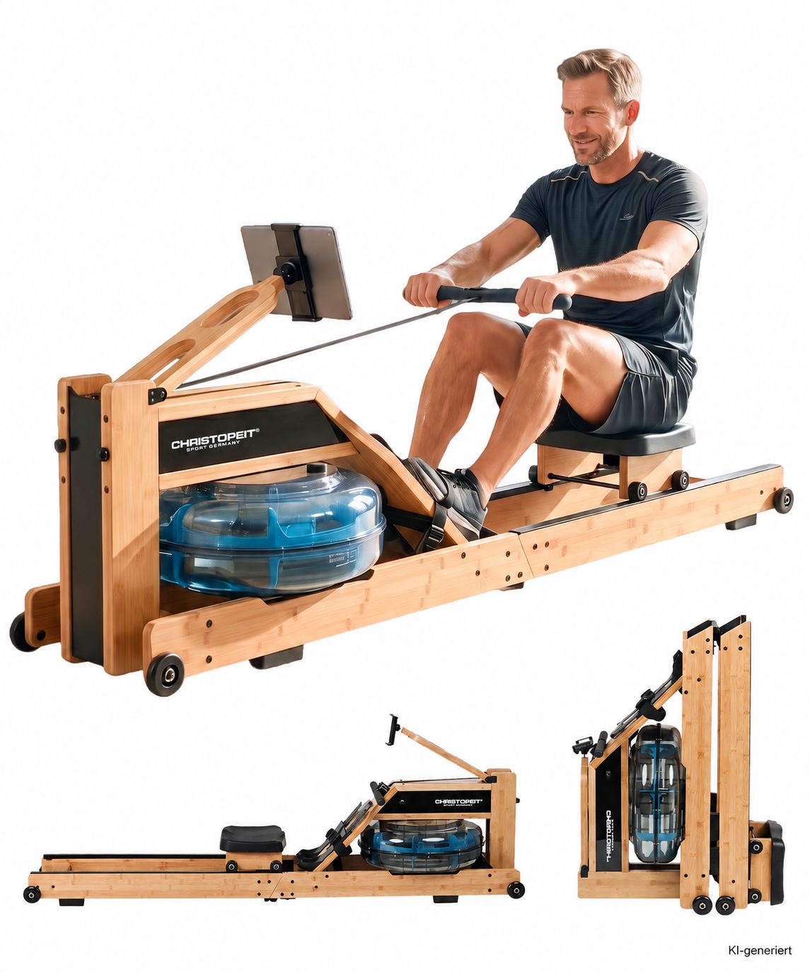 Rudergerät aus Holz mit Wassertank und Tablet-Halterung. Mann sitzt darauf.