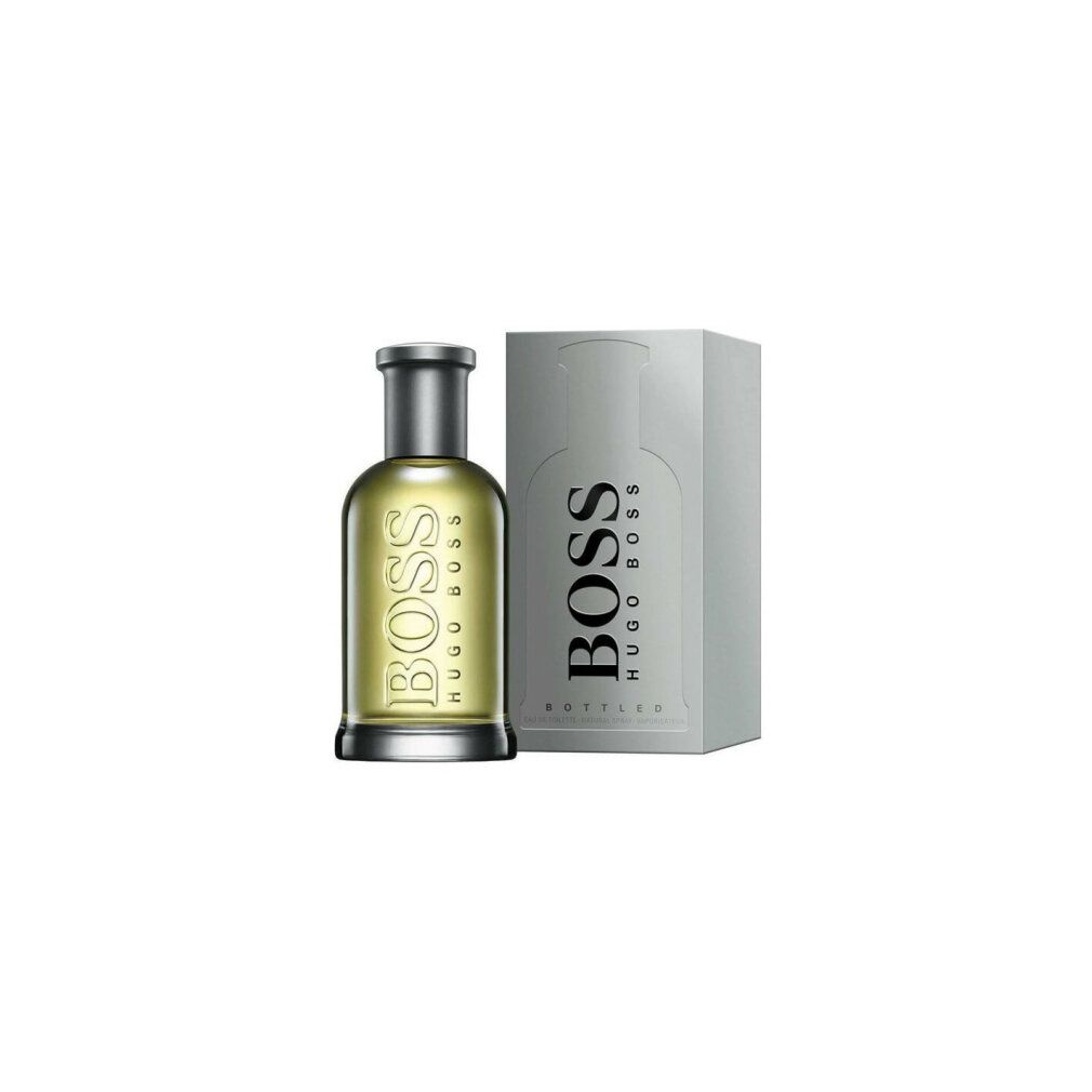 Hugo Boss Bottled Eau de Toilette Spray mit Verpackung. Flakon und Schachtel. BOSS-Schriftzug.