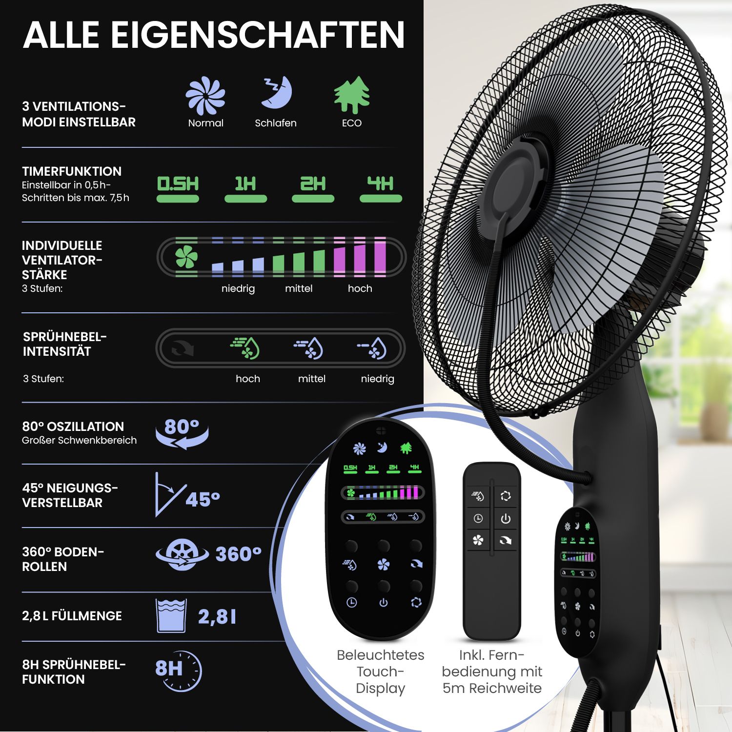 aktimeo Standventilator mit Luftbefeuchtung, Timer, Wassertank, Nebelfunktion