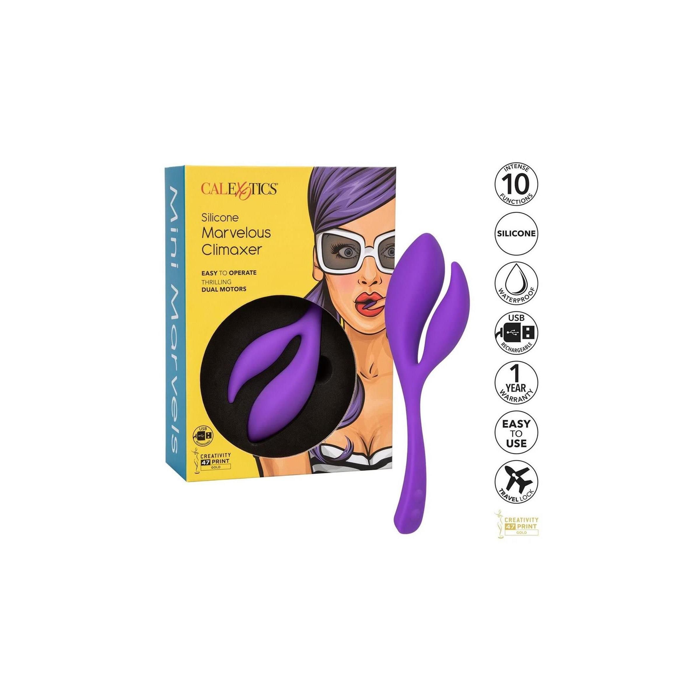 Verpackung mit Produkt. Aufschrift: Silicone Marvelous Climaxer. Abbildung einer Frau. Produkt in lila. Symbole.