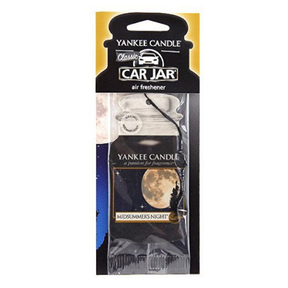 Yankee Candle Classic Car Jar, Midsummer's Night. Schwarzer Lufterfrischer im Glas, verpackt. Mond-Motiv.