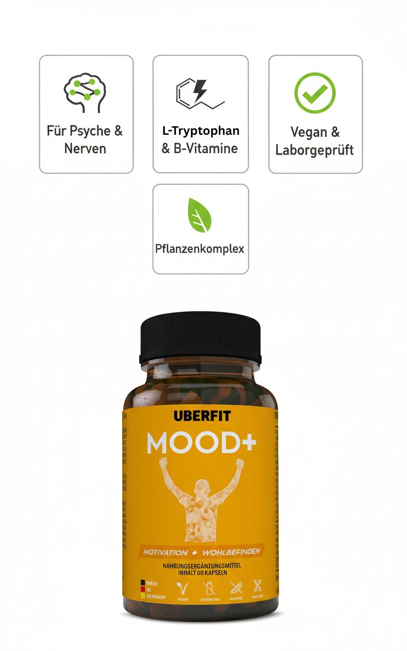 Braune Flasche mit gelbem Etikett. Auf dem Etikett steht "MOOD+". Oben sind Symbole: Für Psyche & Nerven, L-Tryptophan & B-Vitamine, Vegan & Laborgeprüft, Pflanzenkomplex.