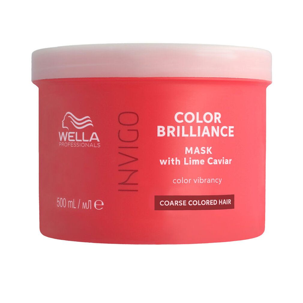 Rote Dose mit weißem Deckel und Schrift. "Wella Invigo Color Brilliance Mask Coarse". 500 ml. Mit Limettenkaviar.