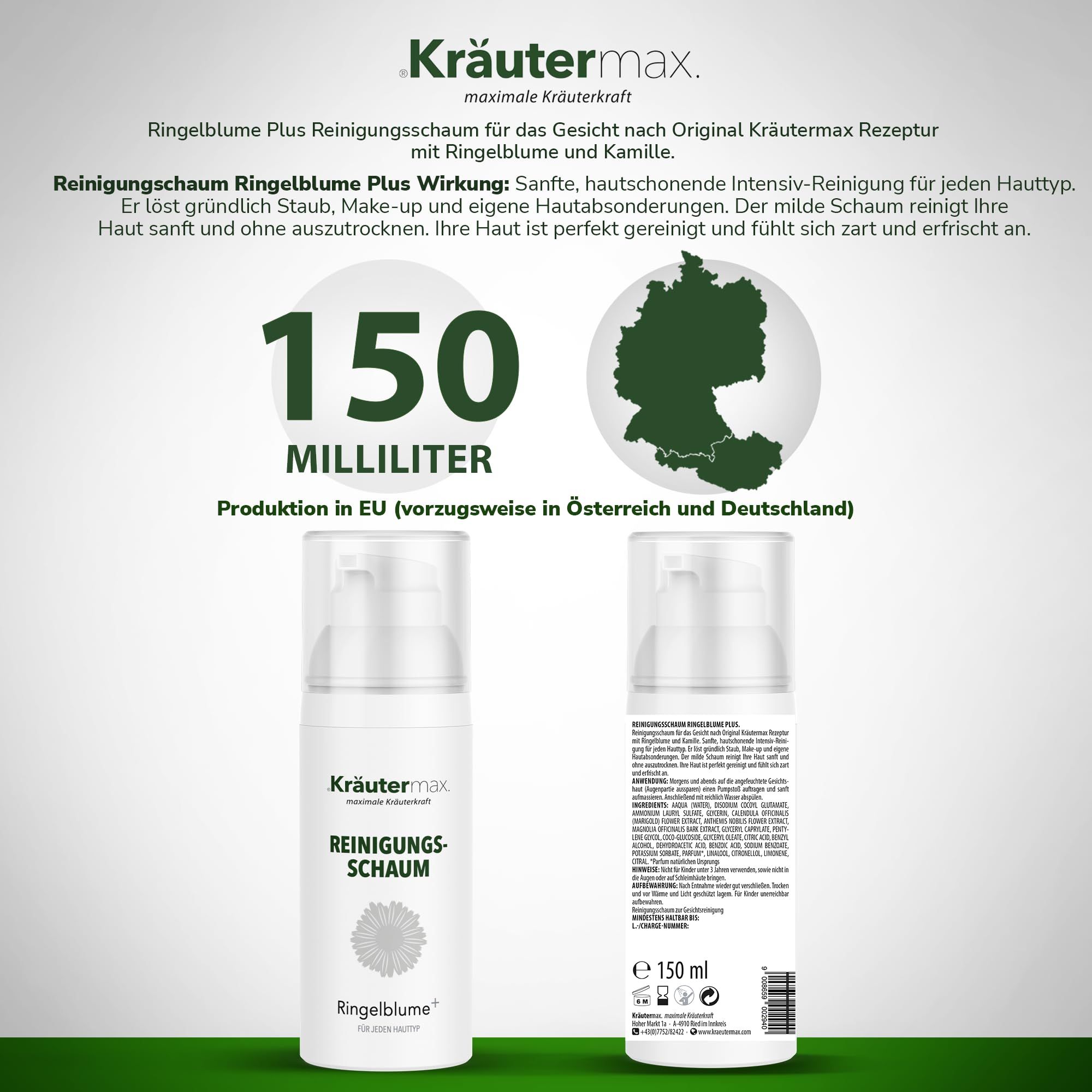 Zwei weiße Spender mit Pumpkopf. Aufschrift: Kräutermax, Reinigungsschaum, Ringelblume+. 150 Milliliter. Produktion in EU.