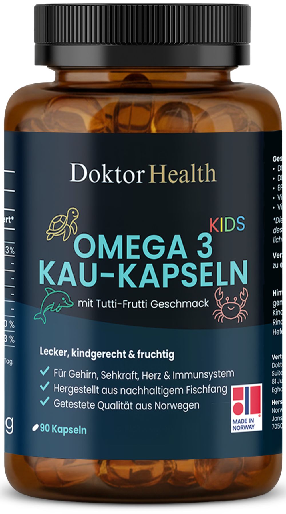 Braune Flasche mit Omega 3 Kau-Kapseln für Kinder. Aufschrift: Doktor Health, Omega 3 Kau-Kapseln, mit Tutti-Frutti Geschmack. 90 Kapseln.