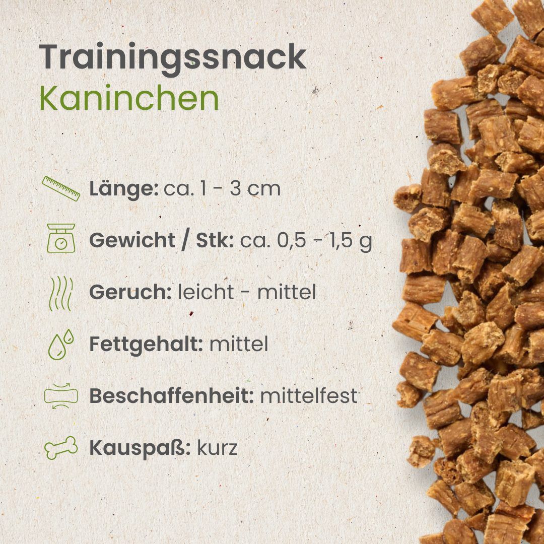 Haufen von Trainingssnacks mit Kaninchengeschmack auf weißem Hintergrund.