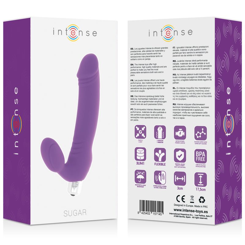 Verpackung mit lila Vibrator. Marke Intense, Produktname Sugar. Text in mehreren Sprachen.