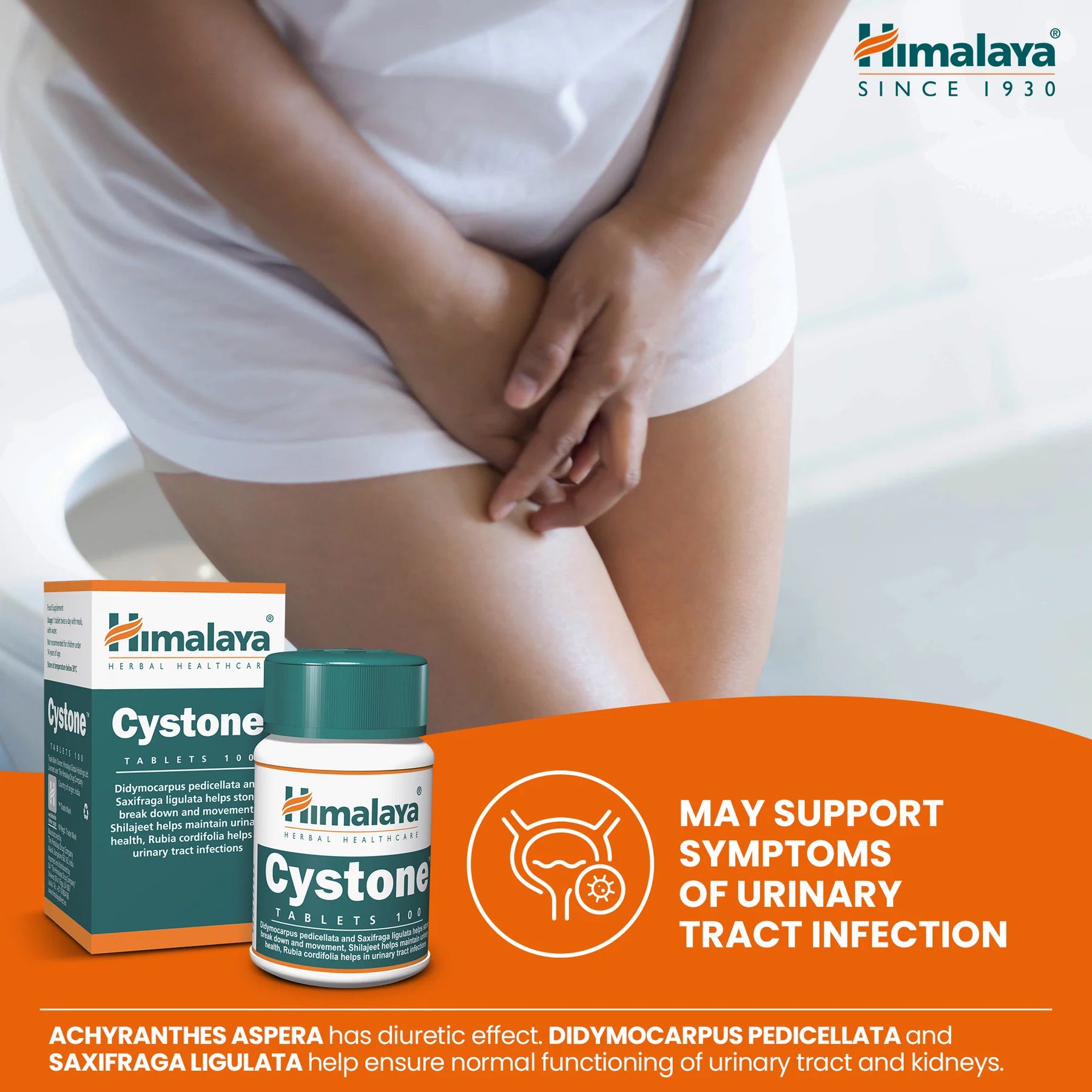 Himalaya Cystone Tabletten und eine Person, die sich die Genitalien hält. Text: Kann Symptome einer Harnwegsinfektion unterstützen.