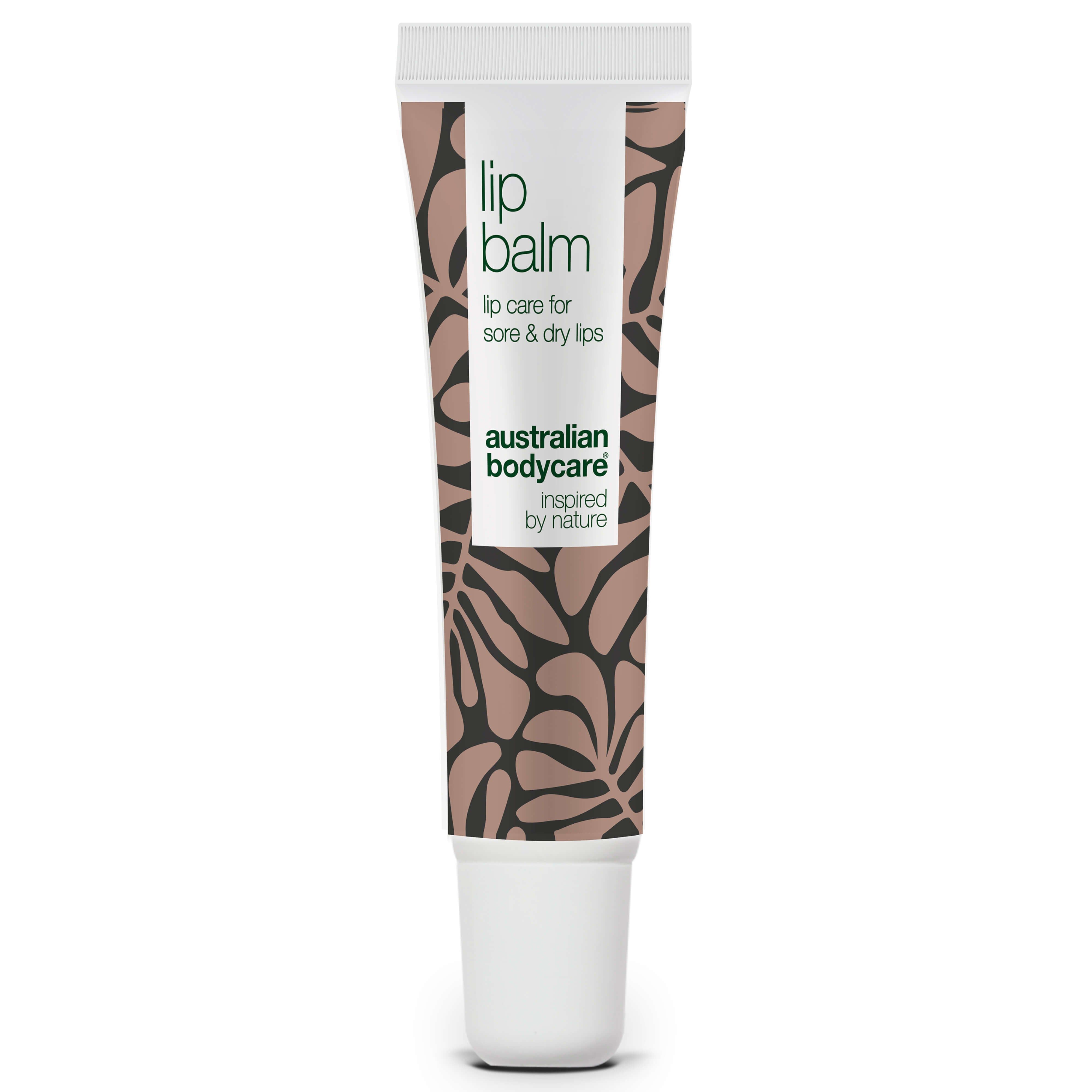Lippenbalsam-Tube. Weißer Deckel, braunes Muster. Text: lip balm, australian bodycare.