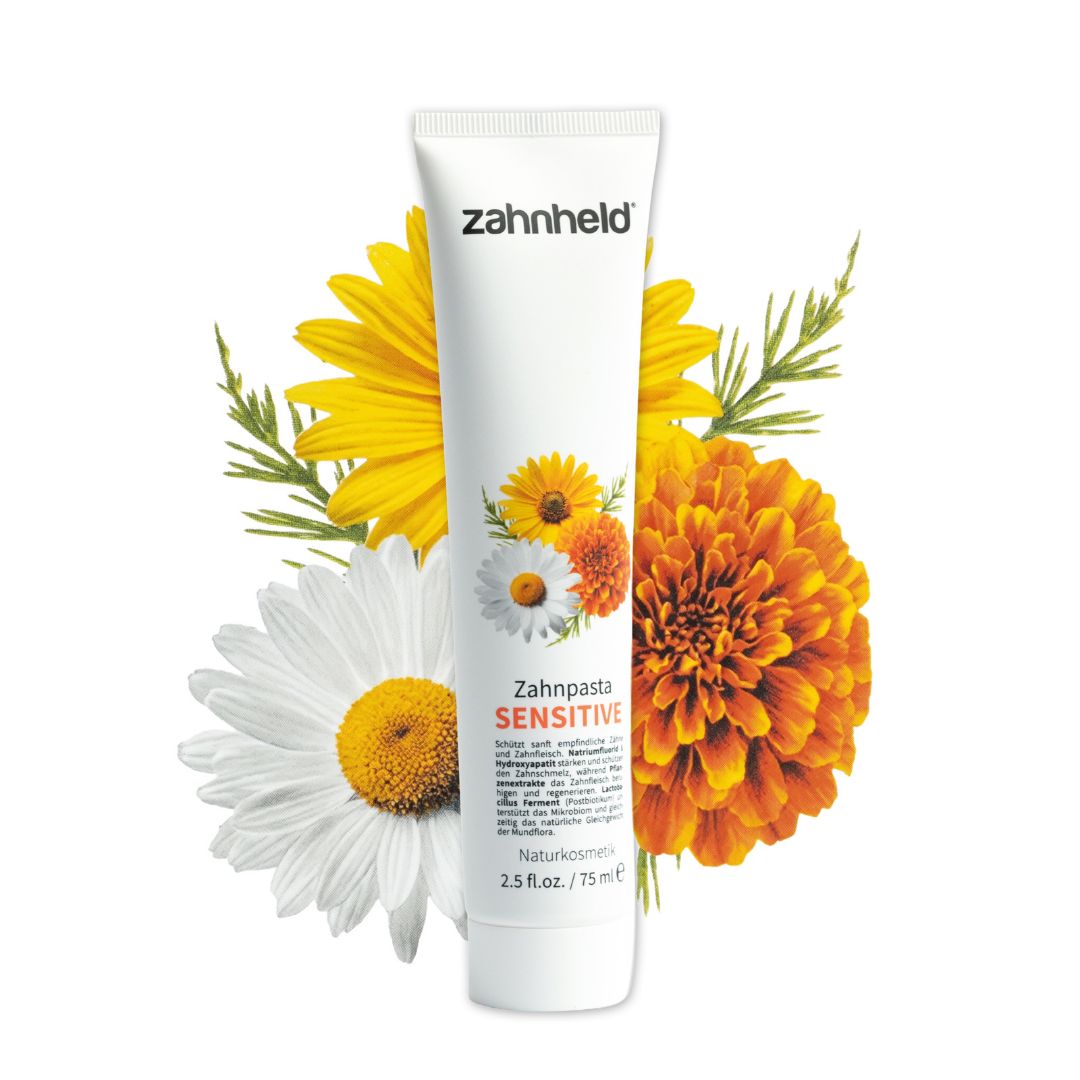 Zahnheld Zahnpasta Sensitive Tube mit Blumenmotiv, 75 ml.