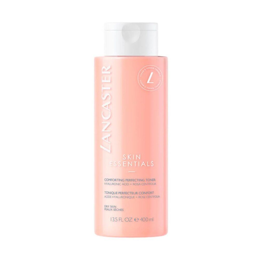 Rosa Flasche mit weißem Deckel. Produktname und Logo. Text: Comforting Perfecting Toner, 400 ml.
