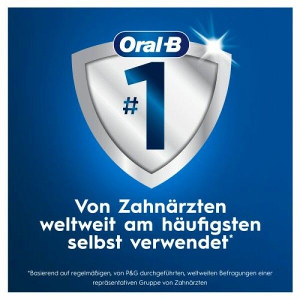 Blauer Hintergrund mit Oral-B Logo und Nummer 1 in einem Schild. Text: Von Zahnärzten weltweit am häufigsten selbst verwendet.