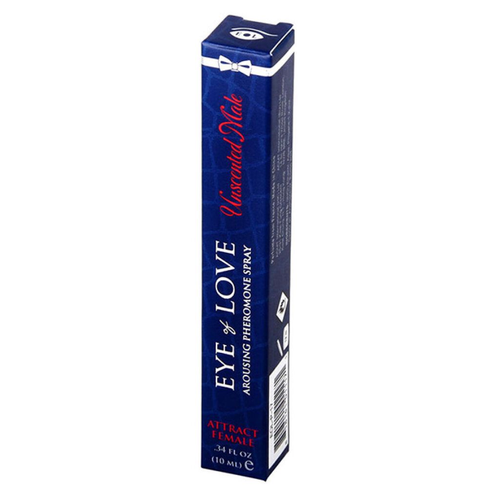 Blaue Verpackung mit weißer Schleife. Aufschrift: Eye of Love, Arousing Pheromone Spray, Unscented Male.