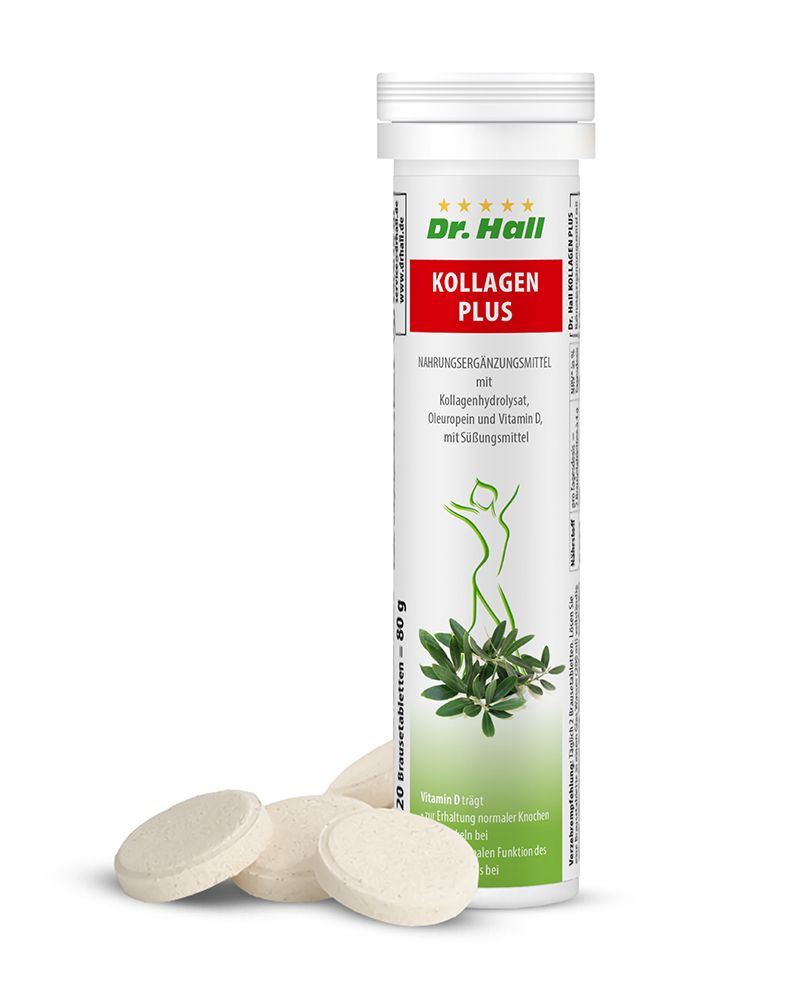 Zylindrische Dose mit "Dr. Hall Kollagen Plus"-Tabletten. Einige Tabletten liegen daneben. Aufschrift: Nahrungsergänzungsmittel.