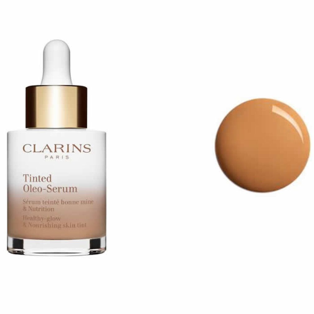 Clarins Tinted Oleo-Serum Flasche und Produktprobe. Weißes Glas, goldener Deckel, Produktbezeichnung.
