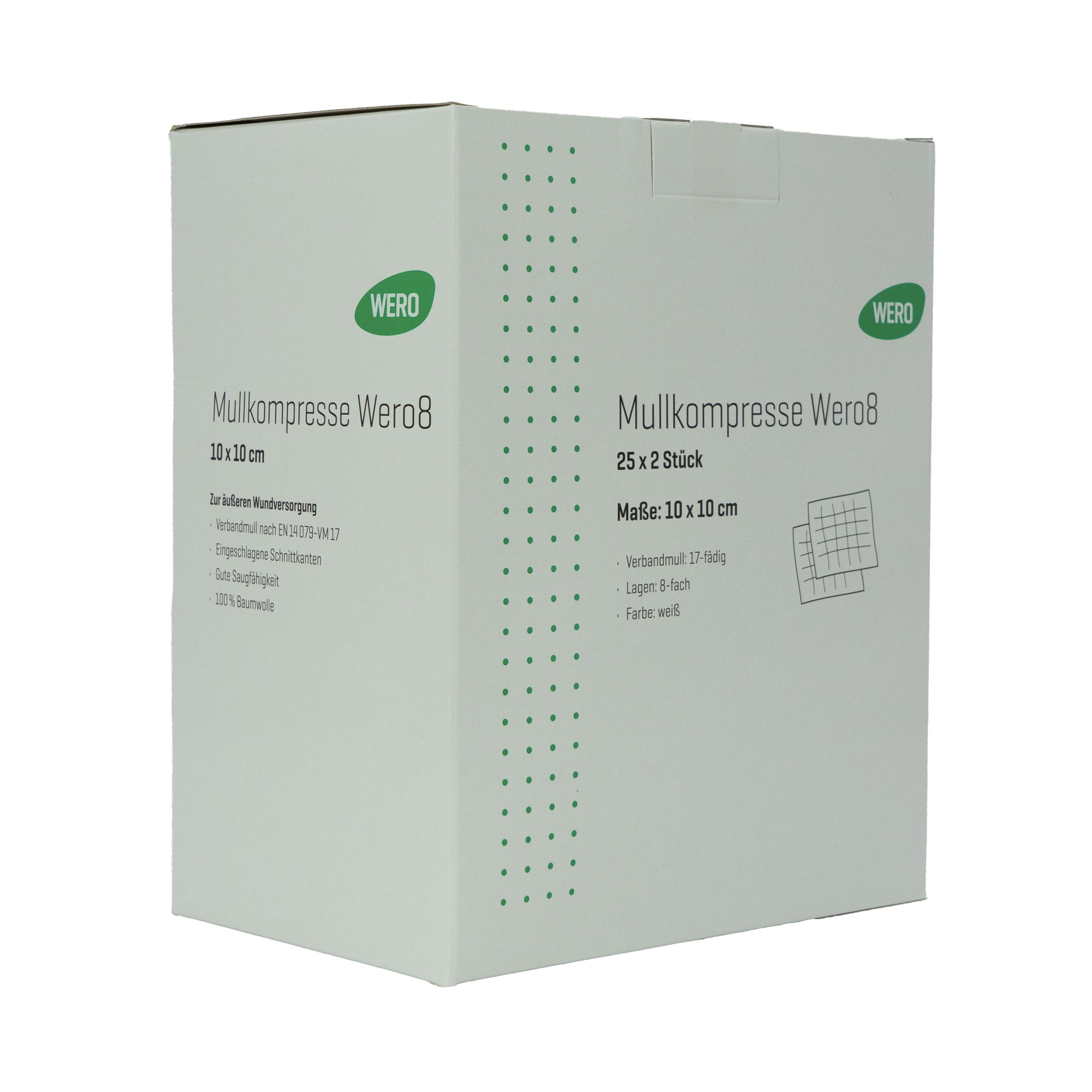 Weißer Karton mit grünem Logo und Produktbezeichnung. Beschriftung: Mullkompresse Wero8, 10 x 10 cm, 25 x 2 Stück. Maße 10 x 10 cm.