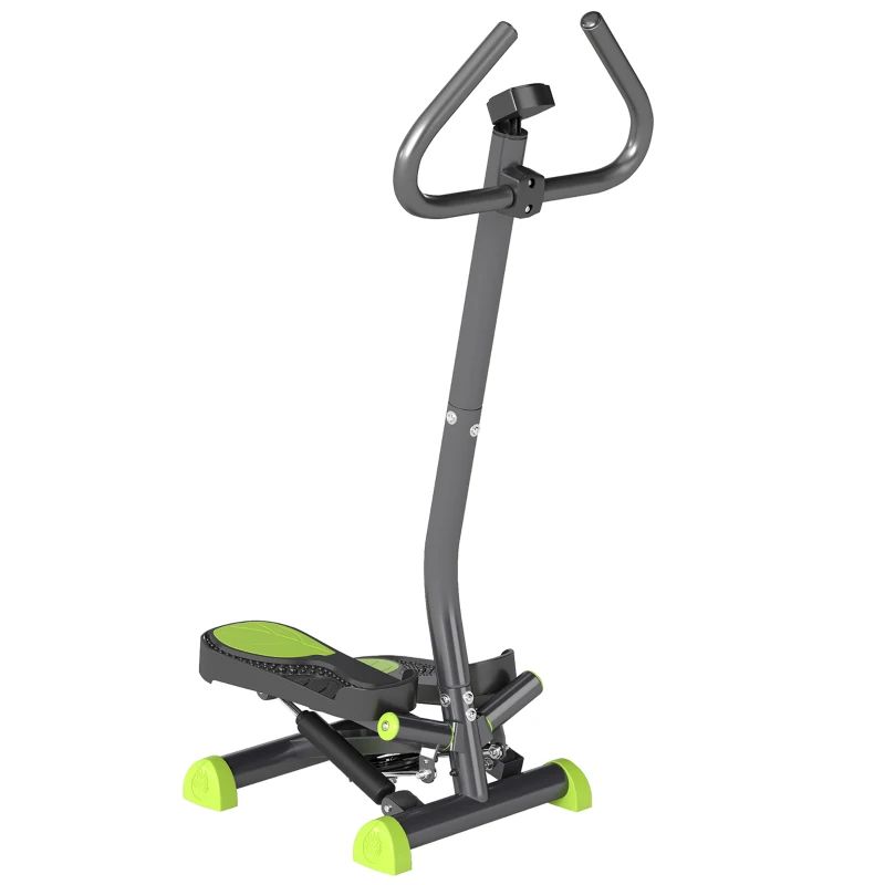 Grauer Stepper mit grünem Tritt und Füßen. Mit Haltegriff und LCD-Display. Stepper für Fitness-Training.