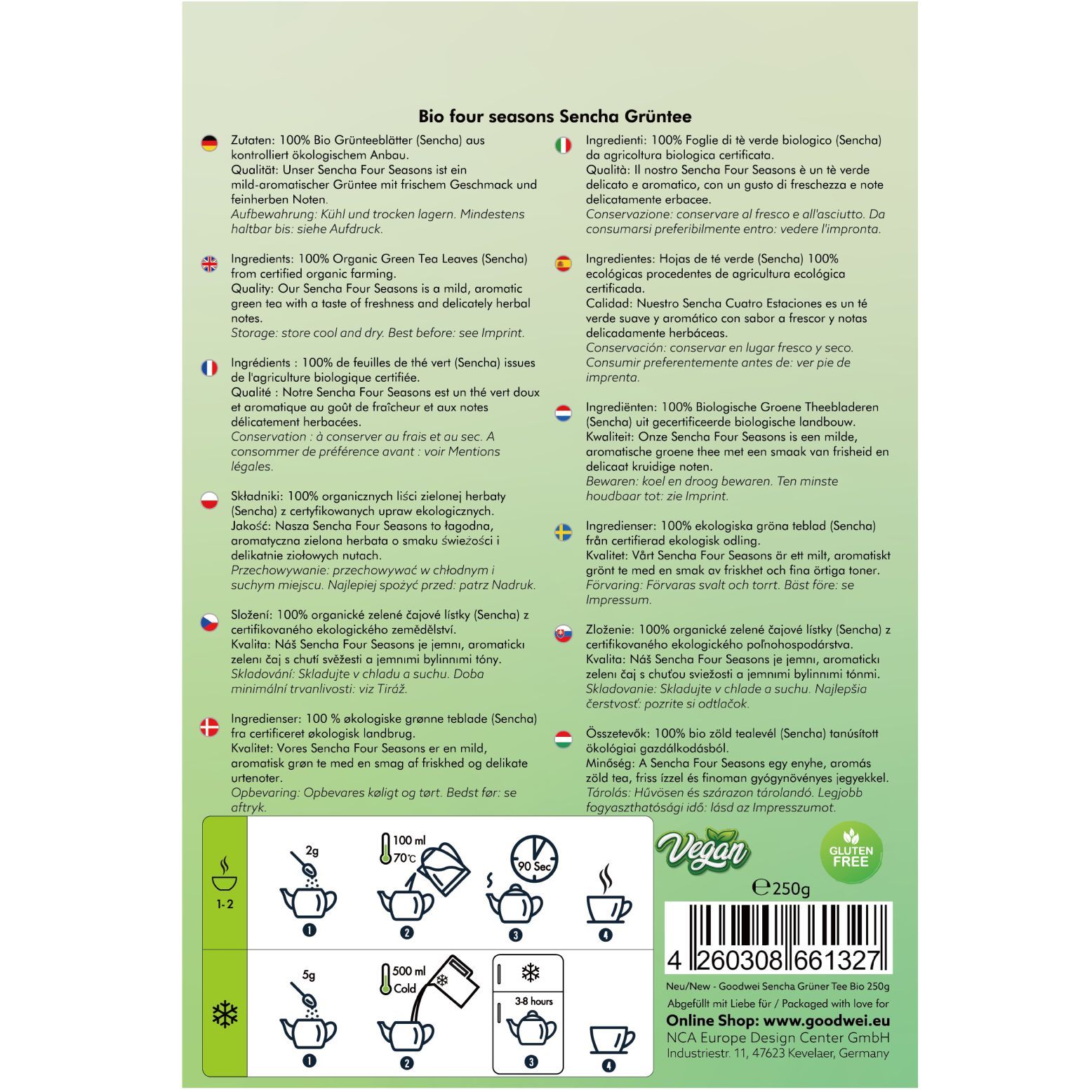 Rückseite der Goodwei Bio Sencha Grüntee Verpackung. Text in mehreren Sprachen, Zubereitungshinweise, Bio-Siegel, Vegan-Siegel, Glutenfrei-Siegel.