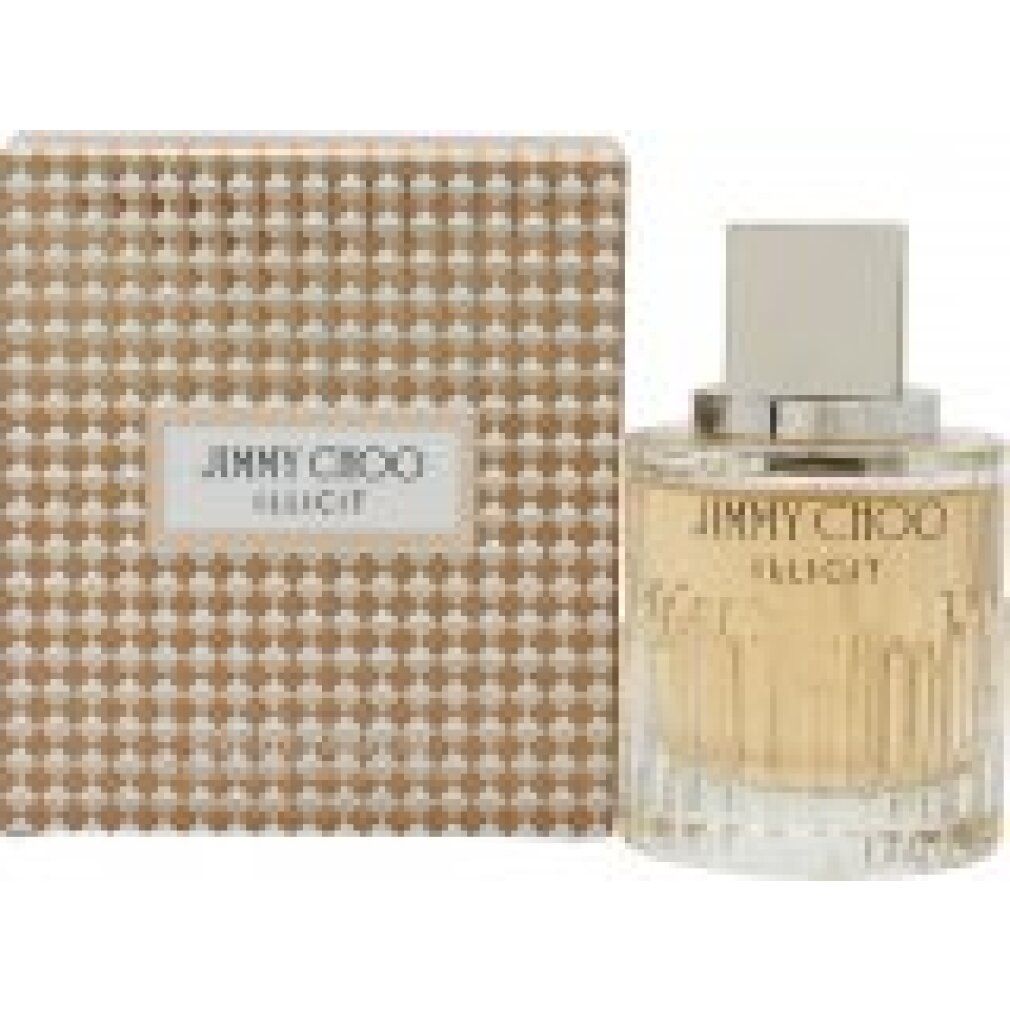 Parfümflakon und Verpackung. Aufschrift: JIMMY CHOO ILLICIT. Verpackung mit Muster. Flakon mit silbernem Deckel.