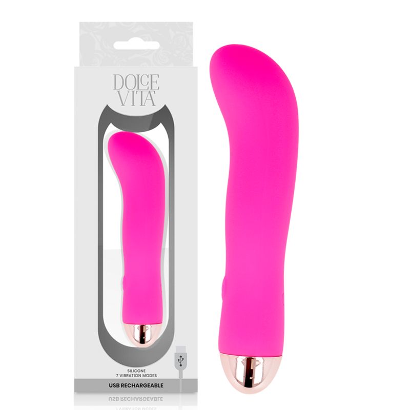 Pinkfarbener Silikon-Vibrator mit goldfarbenem Ende, in Verpackung. Aufdruck: Dolce Vita, USB Rechargeable.