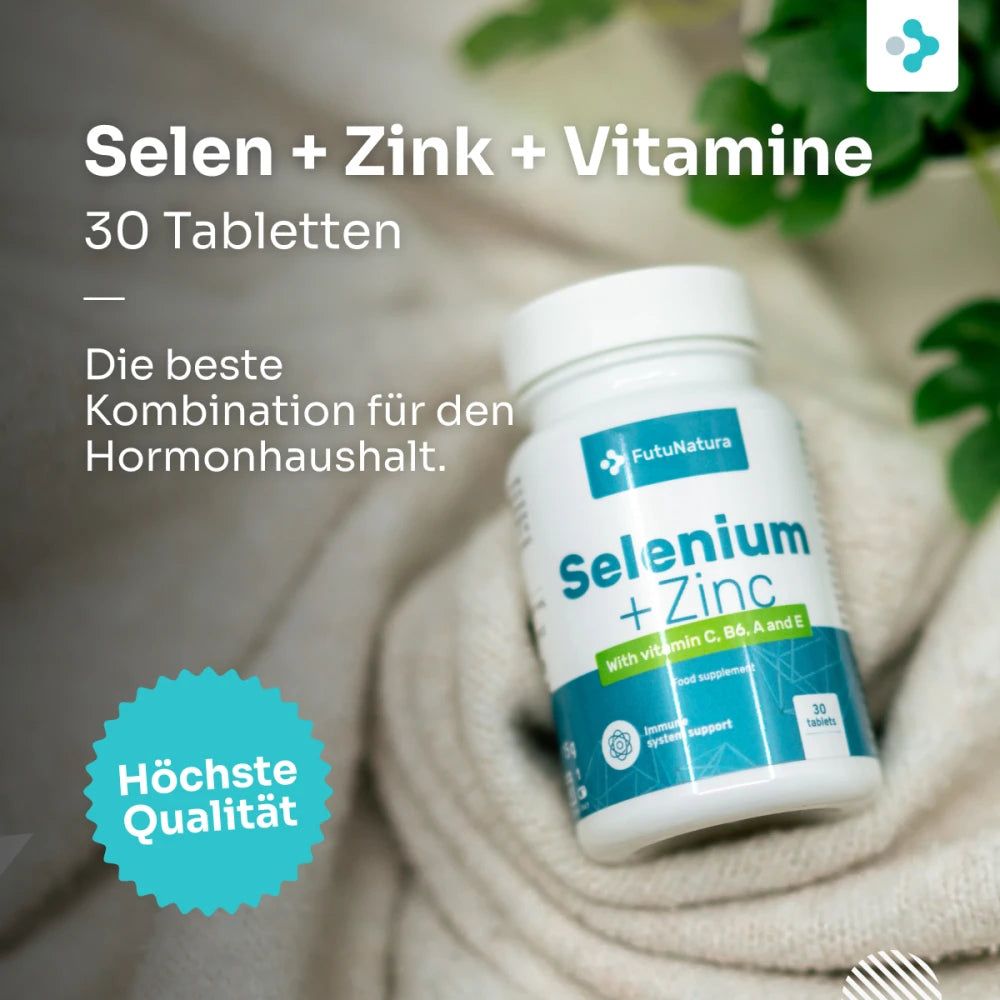 FutuNatura Selen + Zink Flasche auf einem weichen Tuch. Aufschrift: Selen + Zink, mit Vitamin C, B6, A und E. 30 Tabletten.