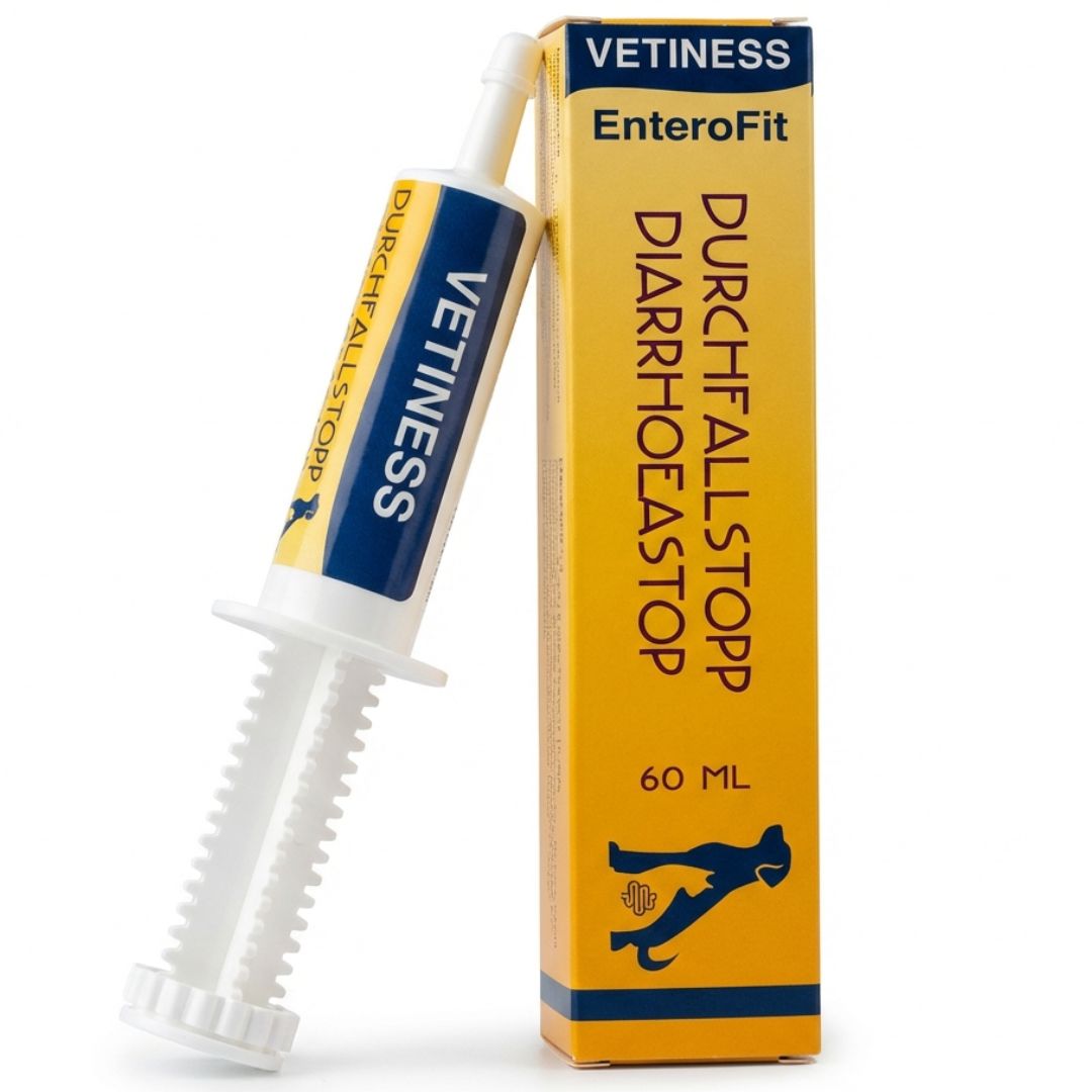 Produkt: Vetiness Durchfallstopp Paste. Injektionsspritze mit Dosierring und gelb-blauer Verpackung. 60 ml.