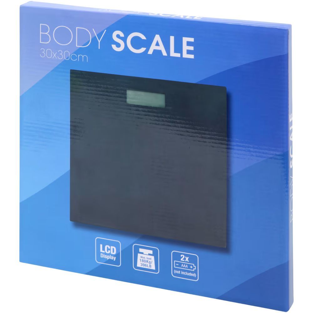 Verpackung der digitalen Personenwaage. Blaue Box mit Produktbild und Schriftzug 'BODY SCALE'.