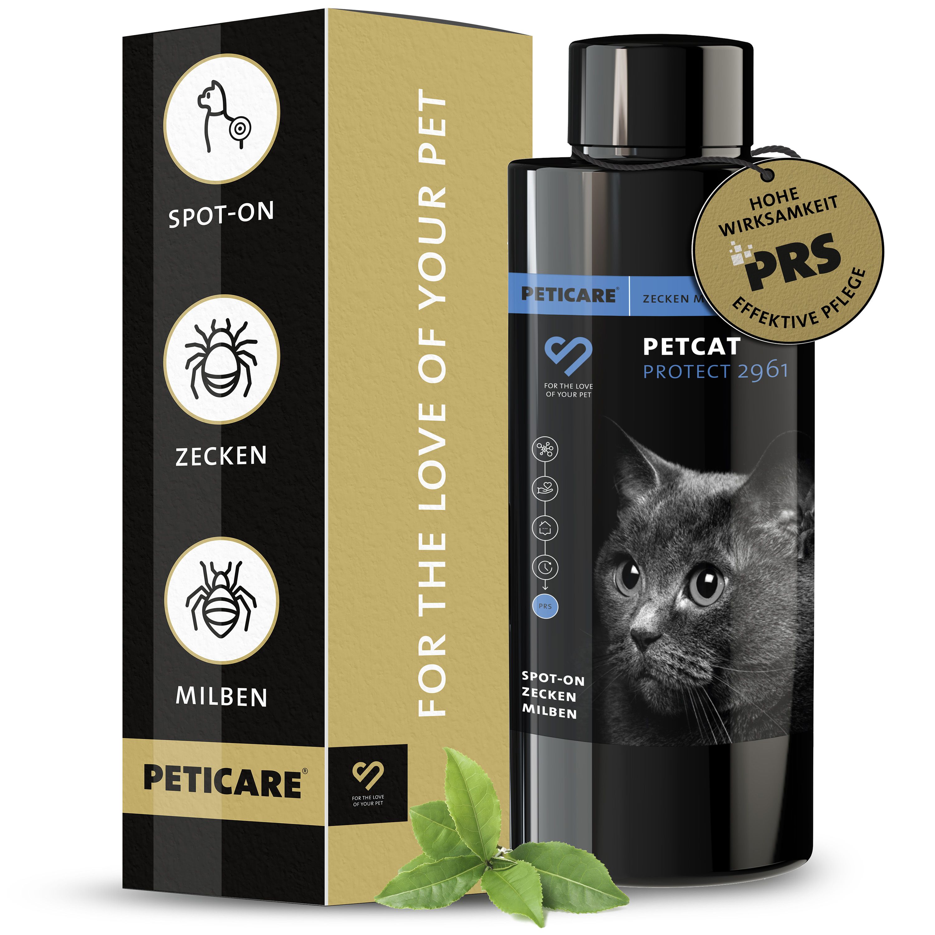 Schwarze Flasche und Verpackung. Aufschrift: Spot-On, Zecken, Milben. Logo Peticare. Blattwerk.