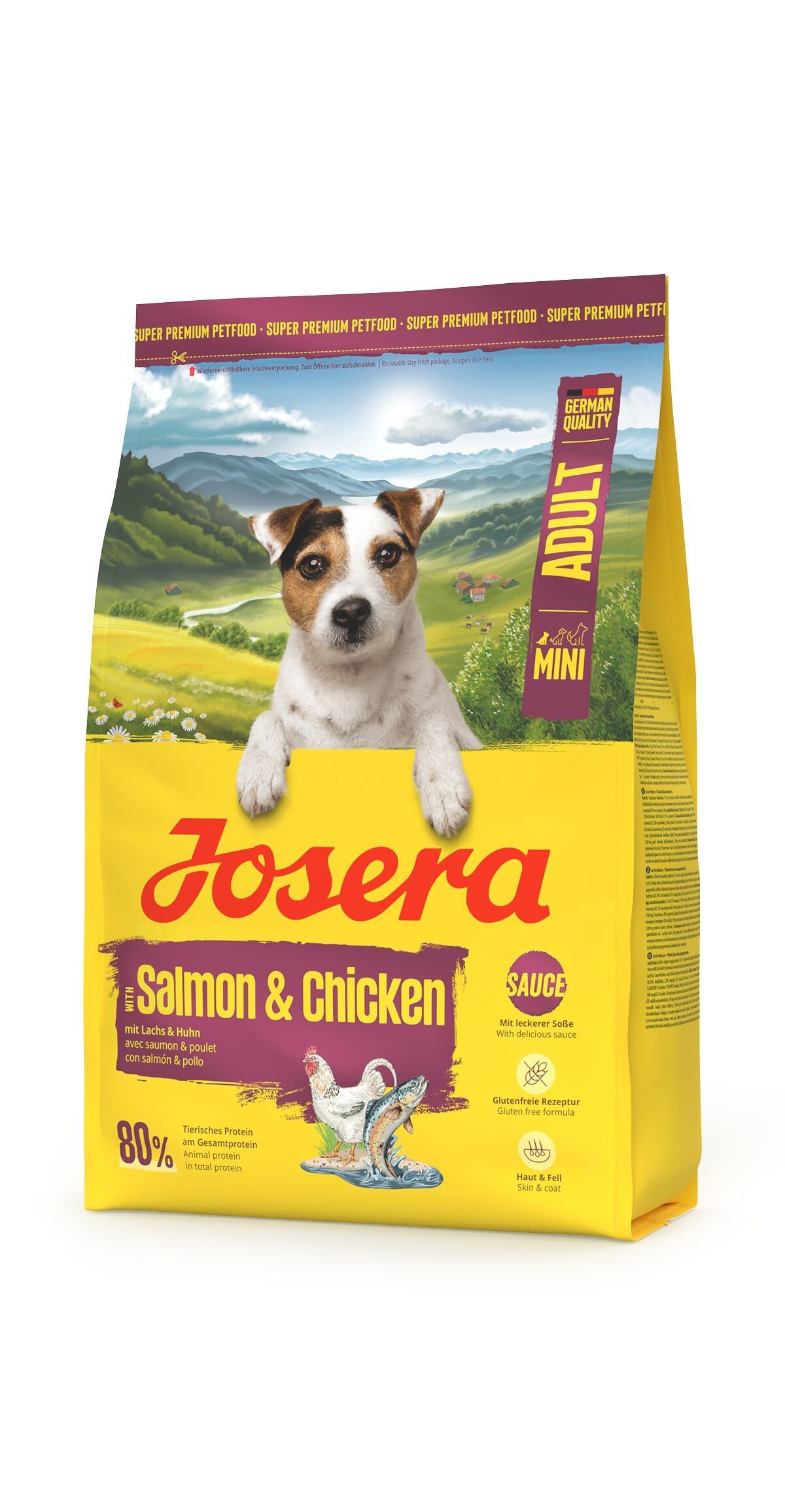 Josera Salmon & Chicken Mini Adult Hundefutter-Sack mit Hundebild und Produktinformationen.