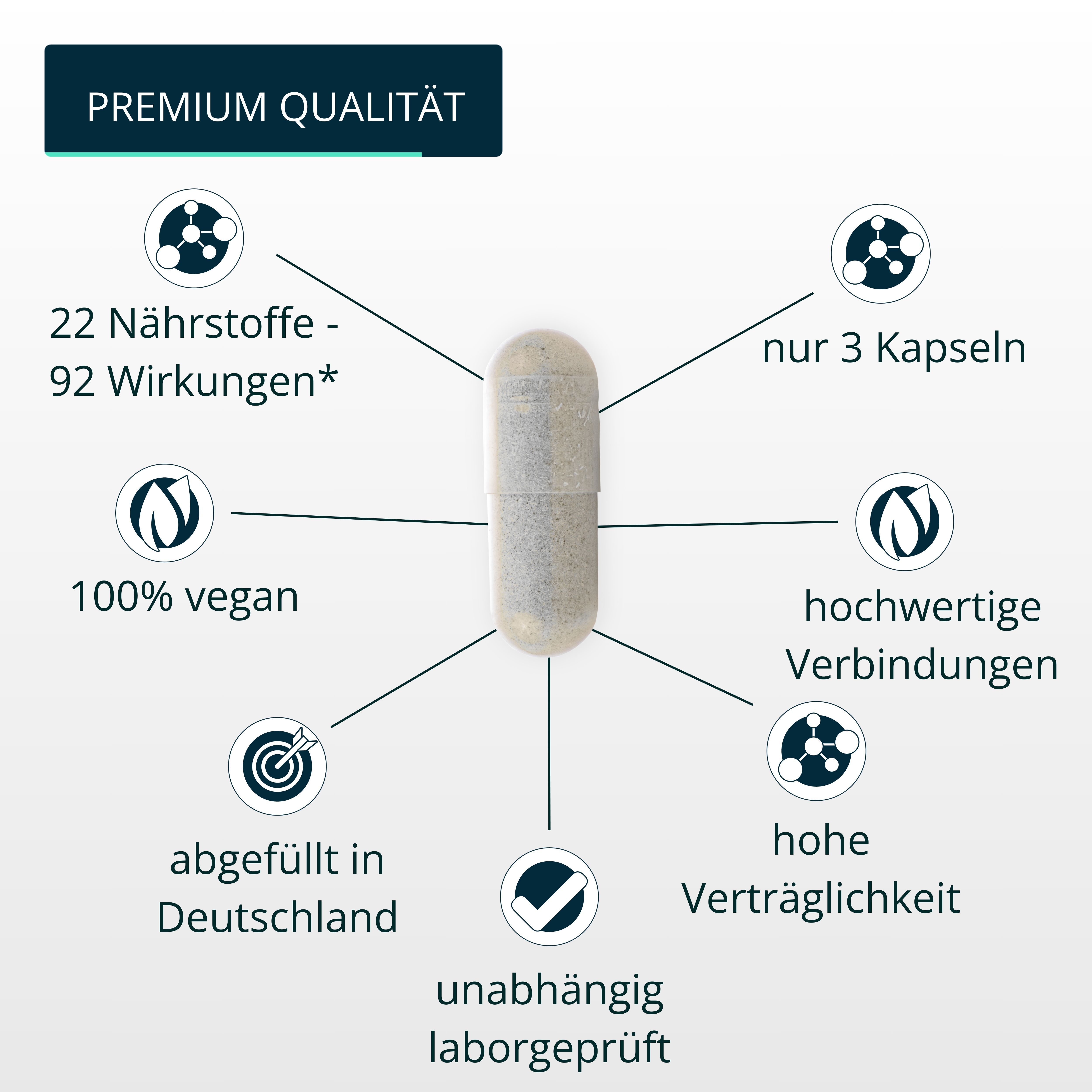 Kapsel mit Text. Text: 22 Nährstoffe, 92 Wirkungen, 100% vegan, 3 Kapseln, hochwertige Verbindungen, unabhängig laborgeprüft.