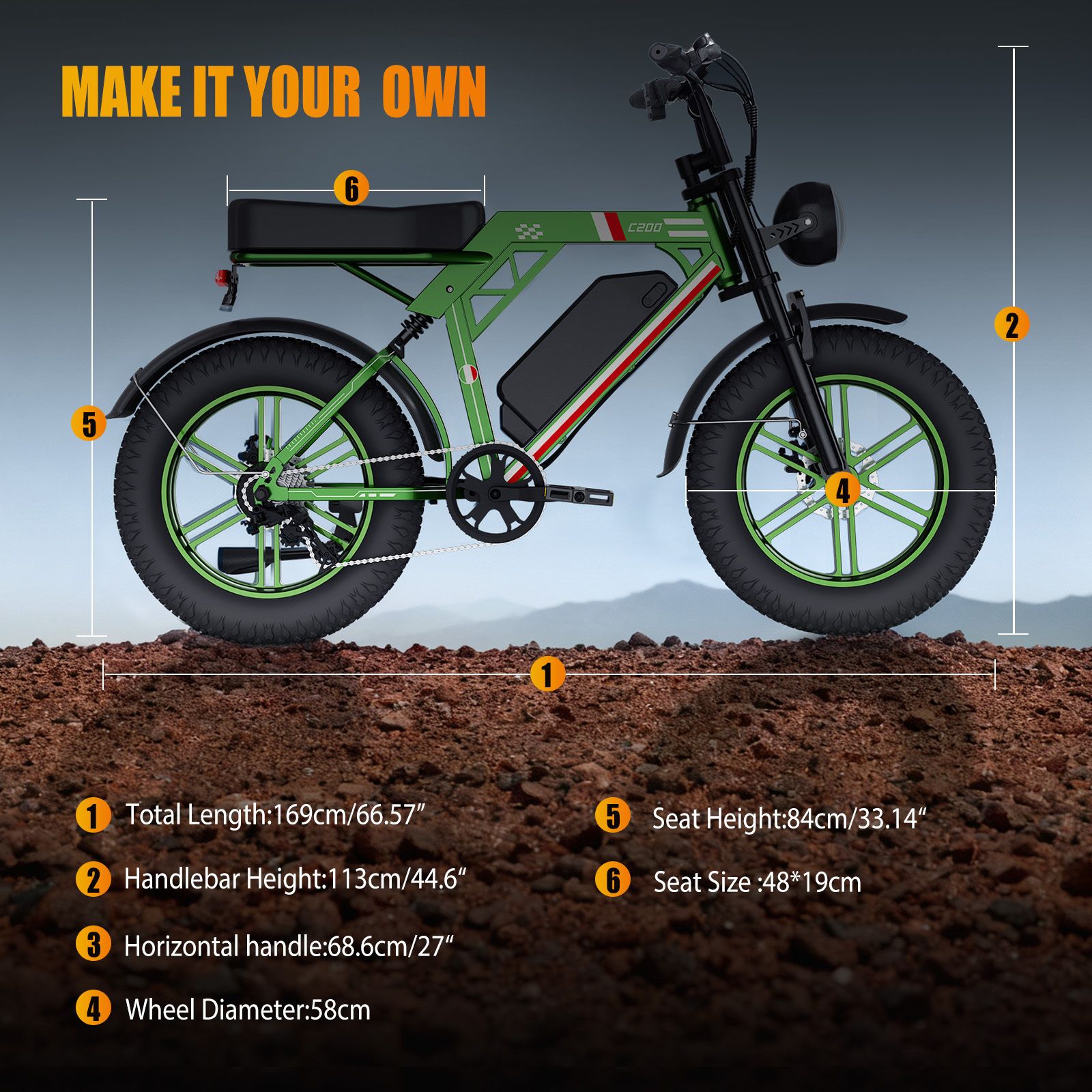 E-Bike mit Maßangaben: Gesamtlänge, Lenkerhöhe, horizontale Lenker, Raddurchmesser, Sitzhöhe, Sitzgröße.