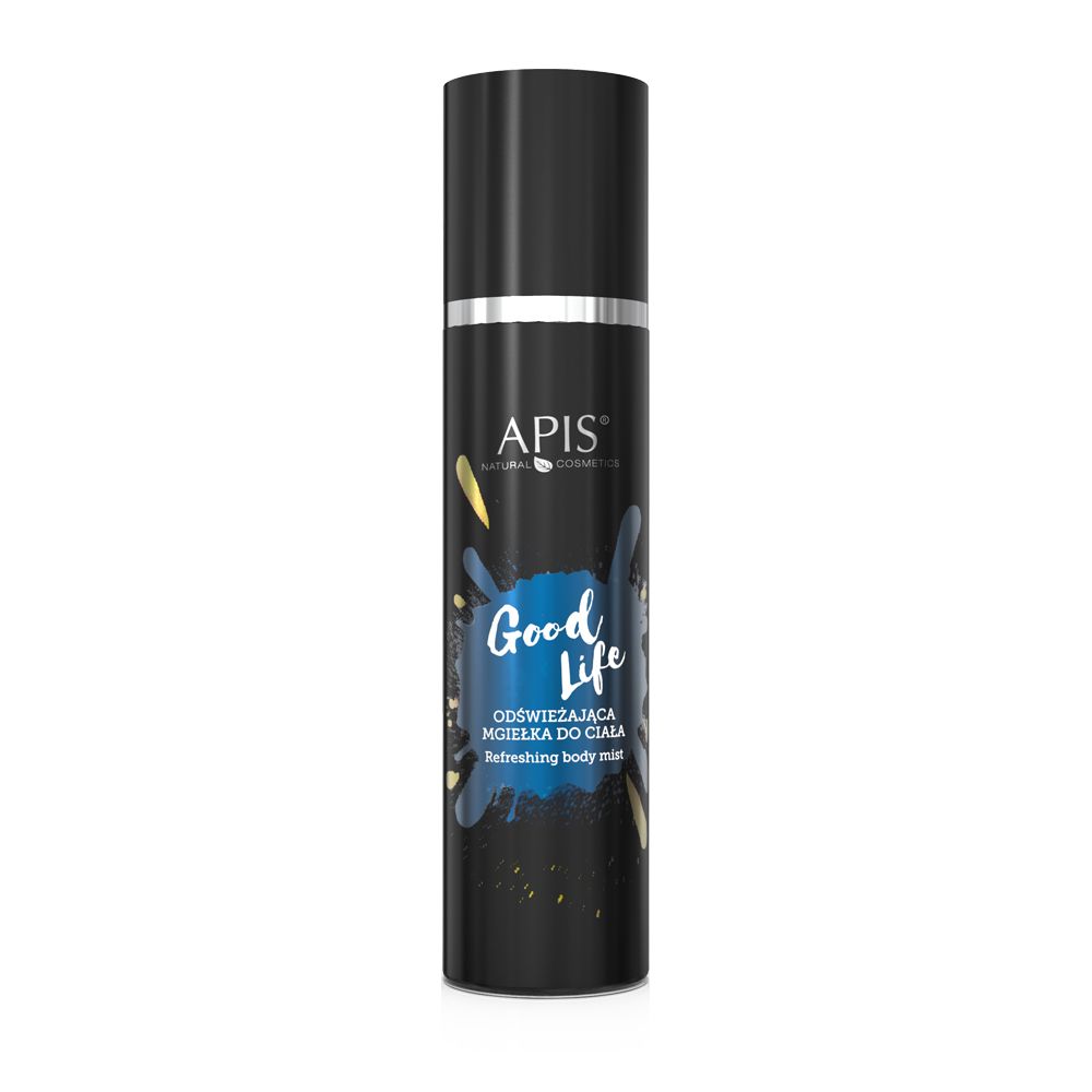 Schwarze Sprühflasche mit silbernem Deckel. Aufschrift: APIS, Good Life, erfrischender Körpernebel. Blaue und gelbe Akzente.