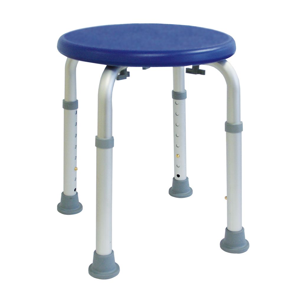 Runder Duschhocker, blauer Sitz, höhenverstellbare Beine, graue Füße und Verbindungen.