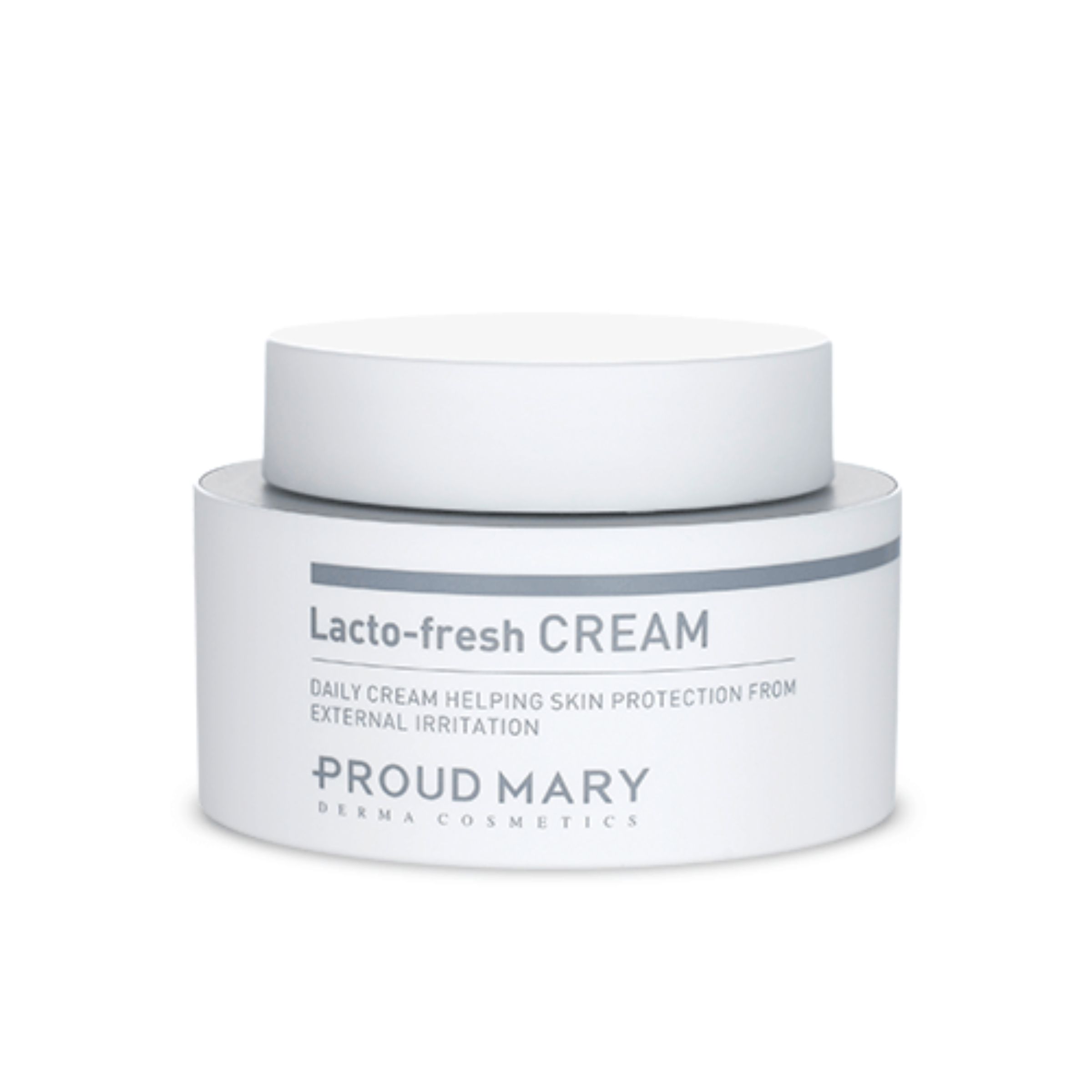 Weißer Tiegel mit Deckel. Aufschrift: Lacto-fresh CREAM, DAILY CREAM HELPING SKIN PROTECTION FROM EXTERNAL IRRITATION, PROUD MARY.