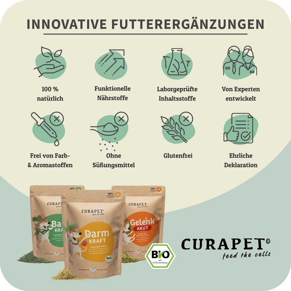 Drei Beutel: Darm Kraft, Gelenk Akut, Basen Kraft. Marke CURAPET. Bio-Siegel. Text: 100% natürlich, funktionelle Nährstoffe, laborgeprüft, von Experten entwickelt.
