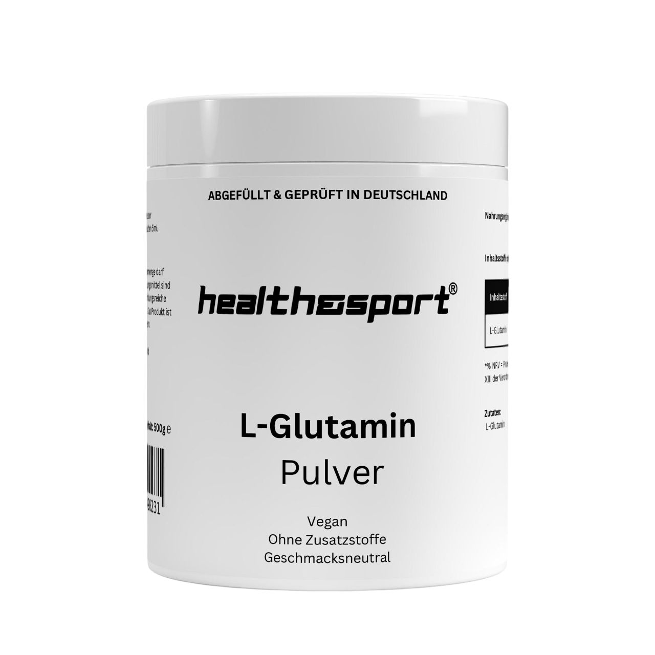 Weißes L-Glutamin Pulver-Behälter. Aufschrift: health&sport, L-Glutamin Pulver, Vegan, Ohne Zusatzstoffe, Geschmacksneutral.