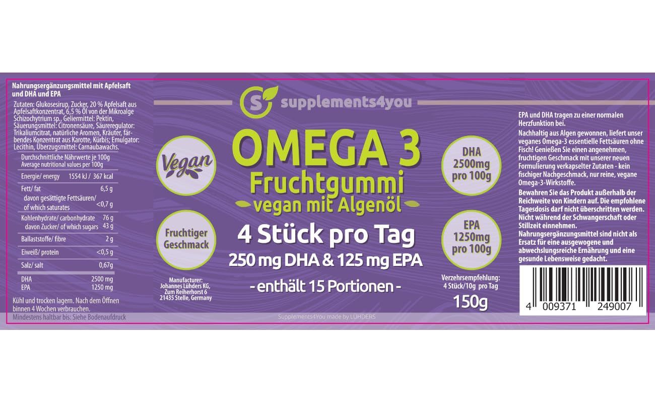 Etikett von Lühders Omega 3 Fruchtgummi. Es zeigt Informationen über Inhaltsstoffe, Nährwerte und die Aufschrift "Omega 3 Fruchtgummi".