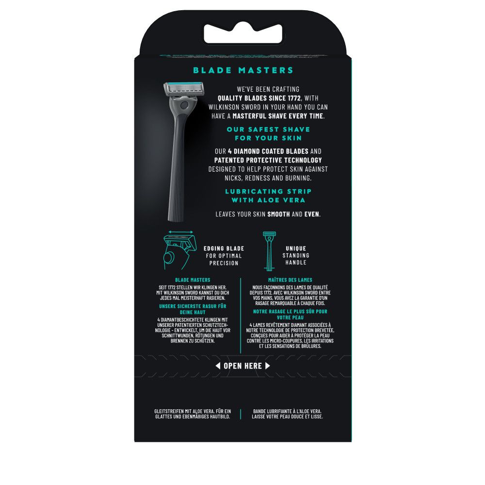 Technische Zeichnung der Verpackung für Wilkinson Sword Quattro 4 Rasierer.
