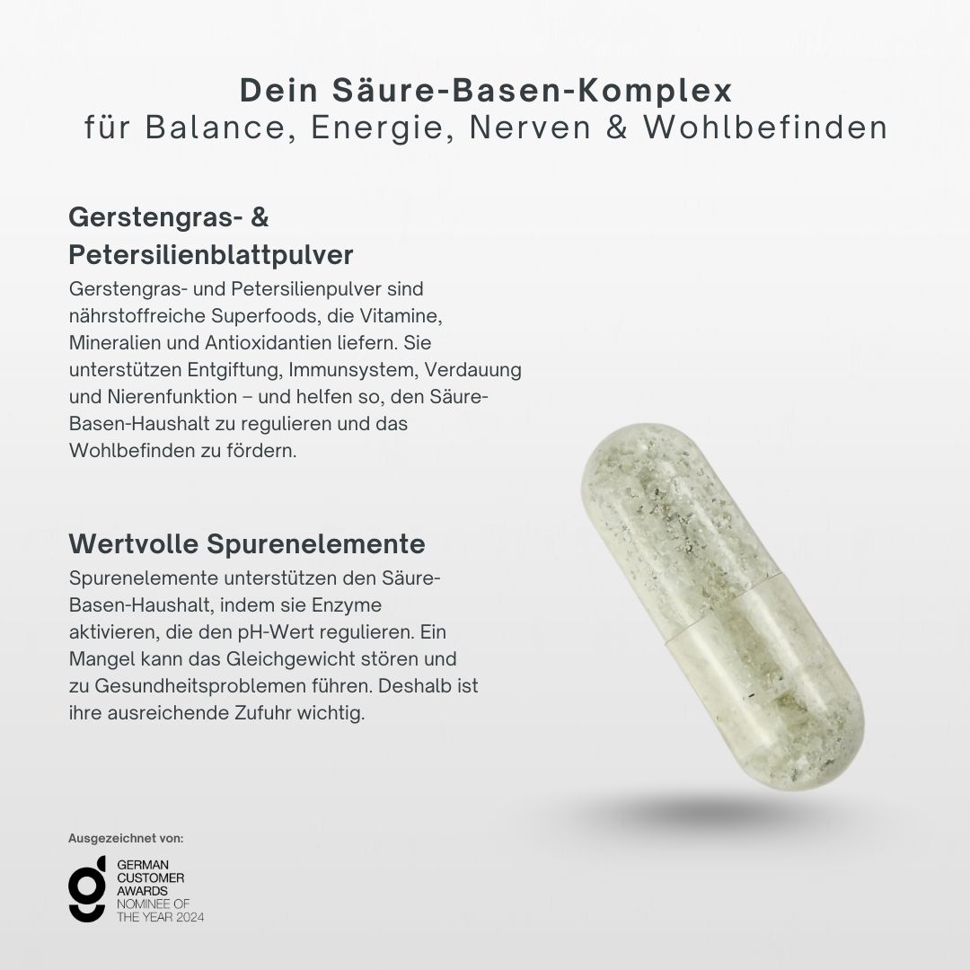 Kapsel neben Text. Gerstengras- & Petersilienblattpulver. Wertvolle Spurenelemente.