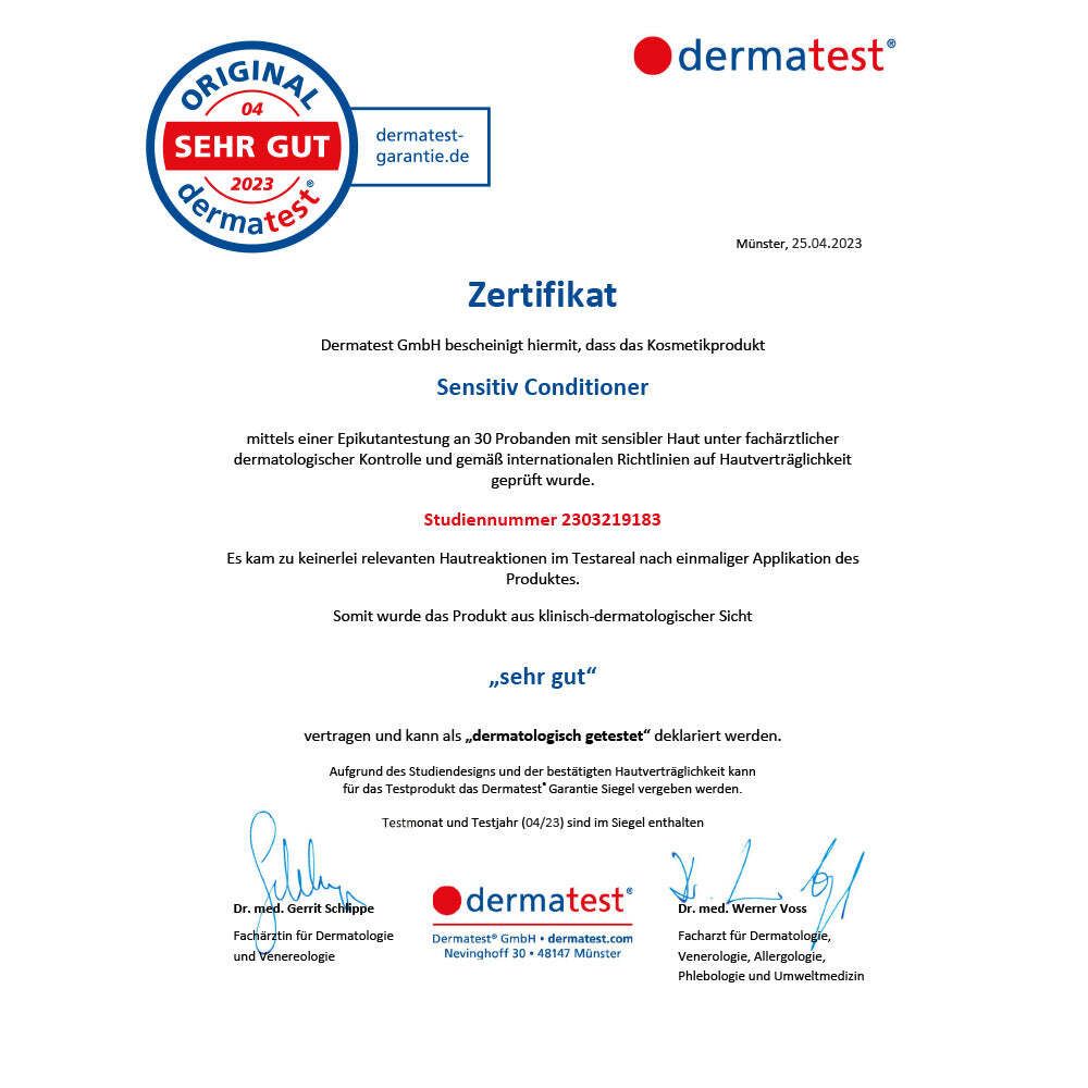 Zertifikat von Dermatest. Siegel: Sehr gut. Text: Sensitiv Conditioner. Geprüft auf Hautverträglichkeit.